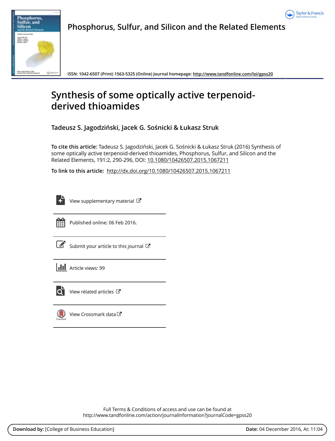 Synthesis of some optically active terpenoid-derived thioamides by Tadeusz S. Jagodzinski & Jacek G. Sosnicki & ukasz Struk