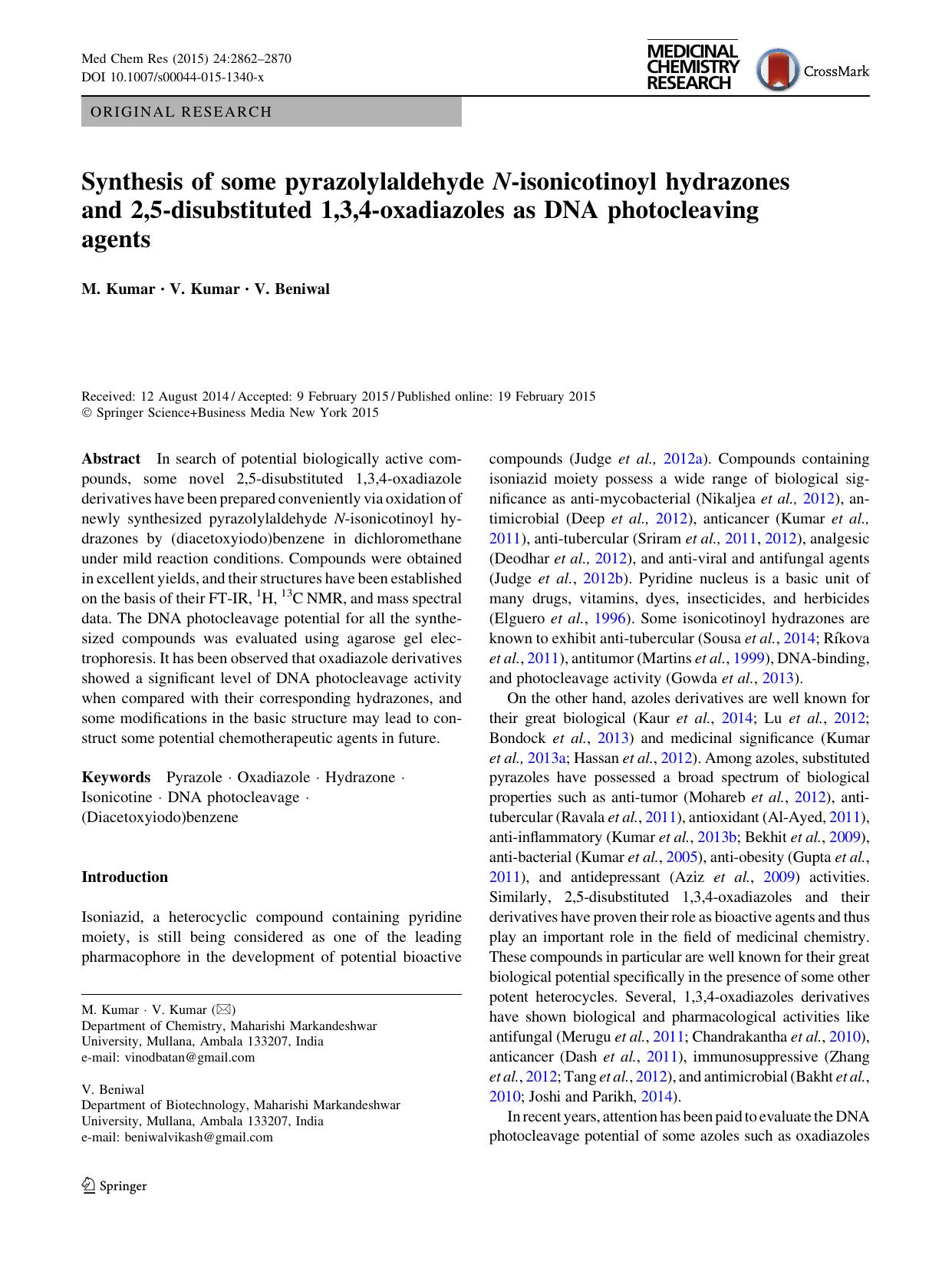 Synthesis of some pyrazolylaldehyde N-isonicotinoyl hydrazones and 2,5-disubstituted 1,3,4-oxadiazoles as DNA photocleaving agents by M. Kumar & V. Kumar & V. Beniwal