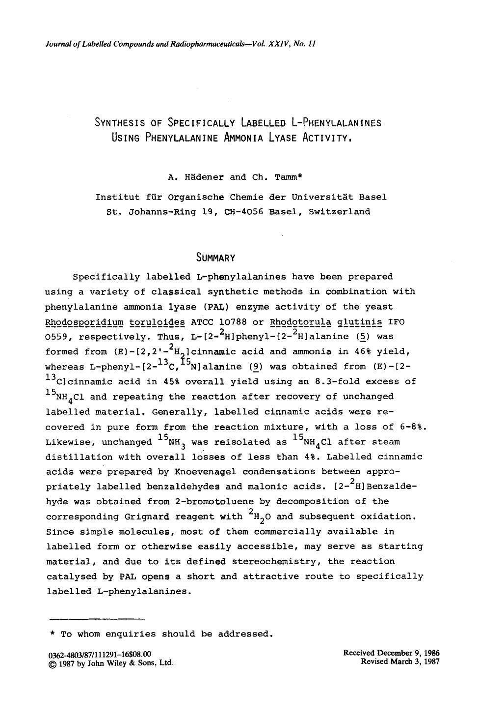 Synthesis of specifically labelled L-phenylalanines using phenylalanine ammonia lyase activity by Unknown