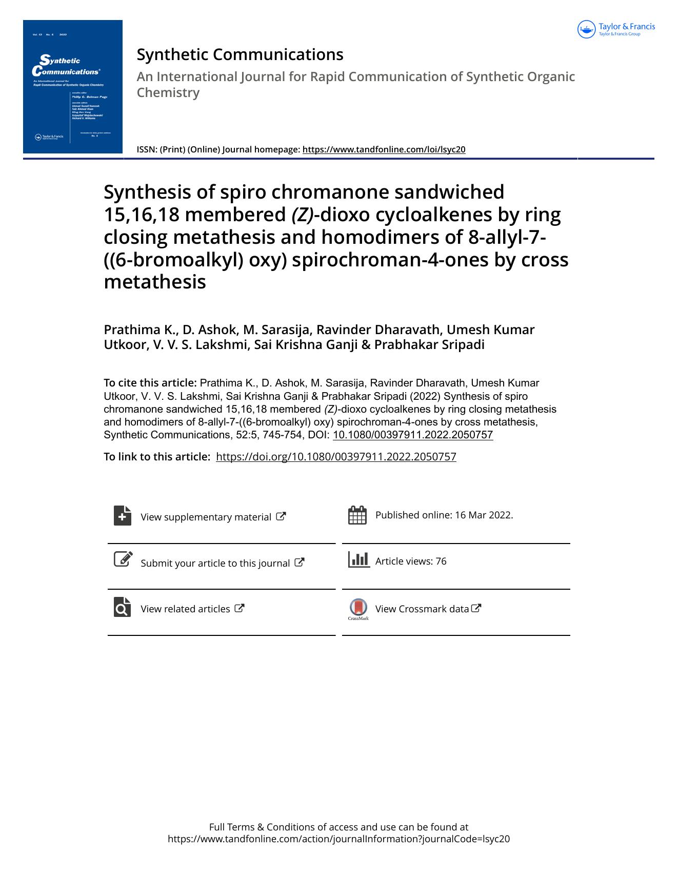 Synthesis of spiro chromanone sandwiched 15,16,18 membered (Z)-dioxo cycloalkenes by ring closing metathesis and homodimers of 8-allyl-7-((6-bromoalkyl) oxy) spirochroman-4-ones by cross metathesis by unknow