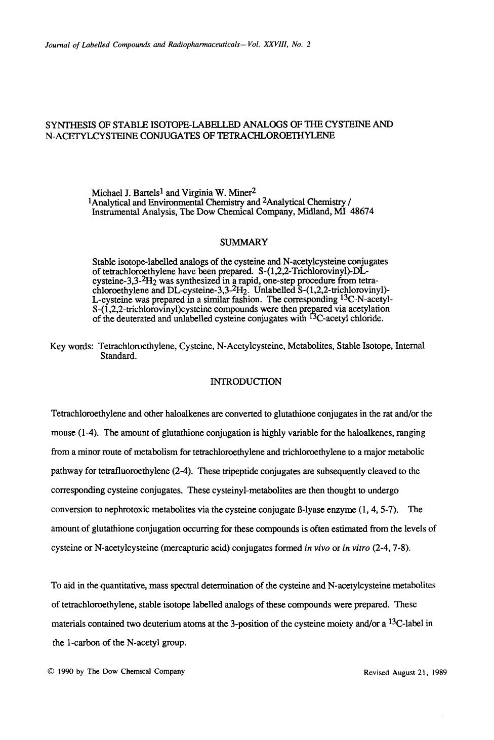 Synthesis of stable isotope-labelled analogs of the cysteine and N-acetylcysteine conjugates of tetrachloroethylene by Unknown