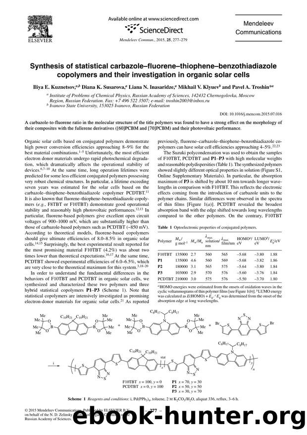 Synthesis of statistical carbazoleâfluoreneâthiopheneâbenzothiadiazole copolymers and their investigation in organic solar cells by Iliya E. Kuznetsov & Diana K. Susarova & Liana N. Inasaridze & Mikhail V. Klyuev & Pavel A. Troshin