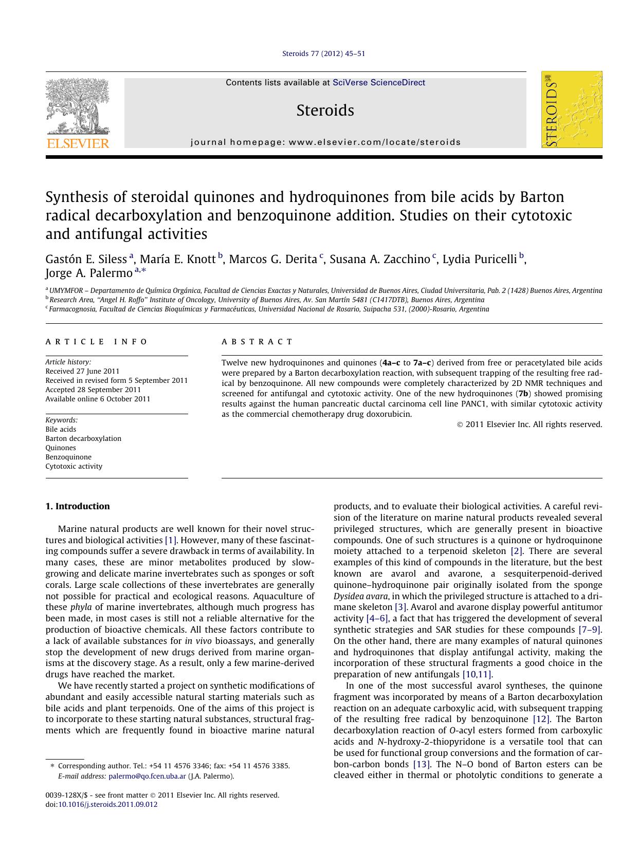 Synthesis of steroidal quinones and hydroquinones from bile acids by Barton radical decarboxylation and benzoquinone addition. Studies on their cytotoxic and antifungal activities by unknow