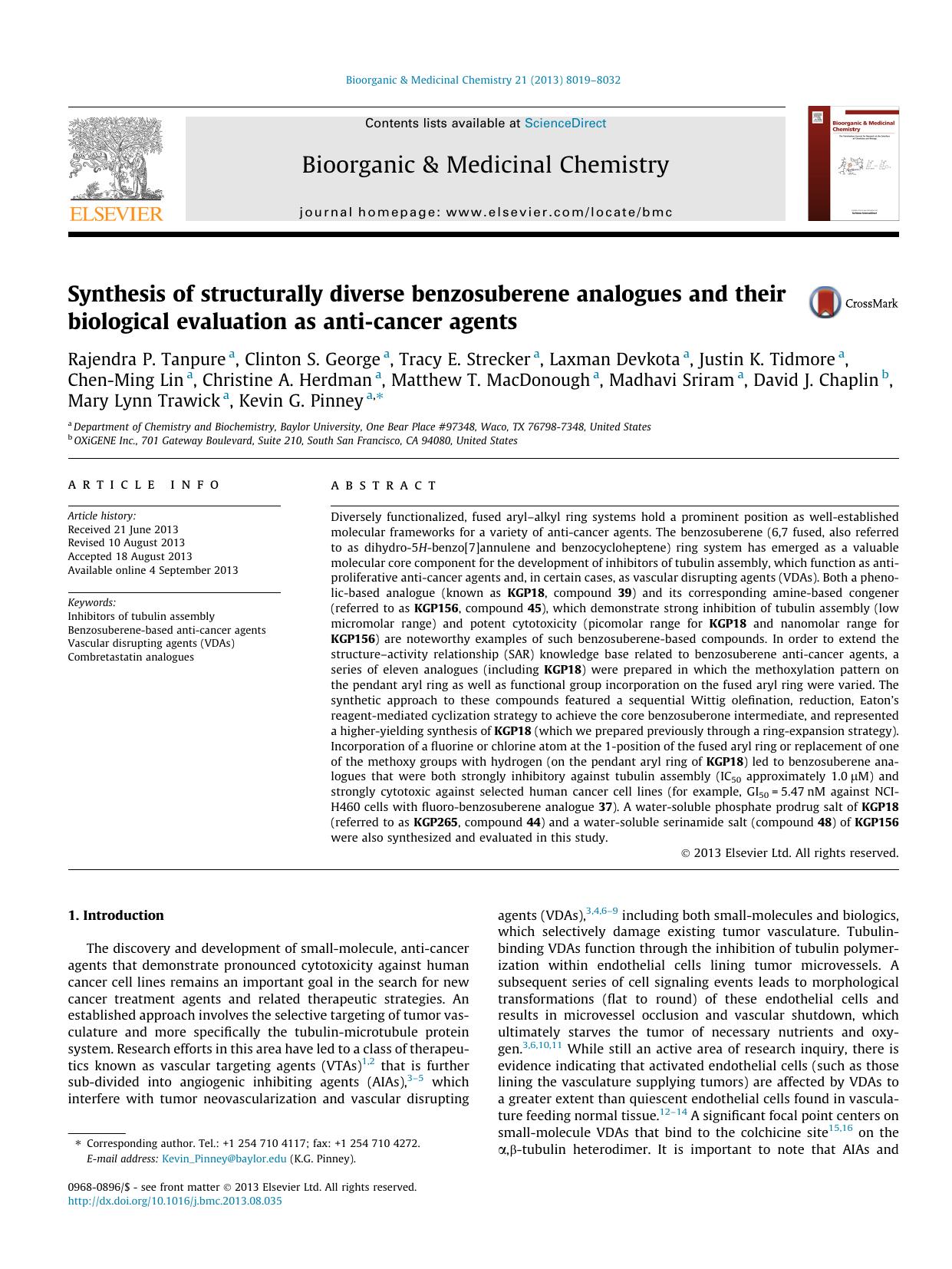 Synthesis of structurally diverse benzosuberene analogues and their biological evaluation as anti-cancer agents by unknow