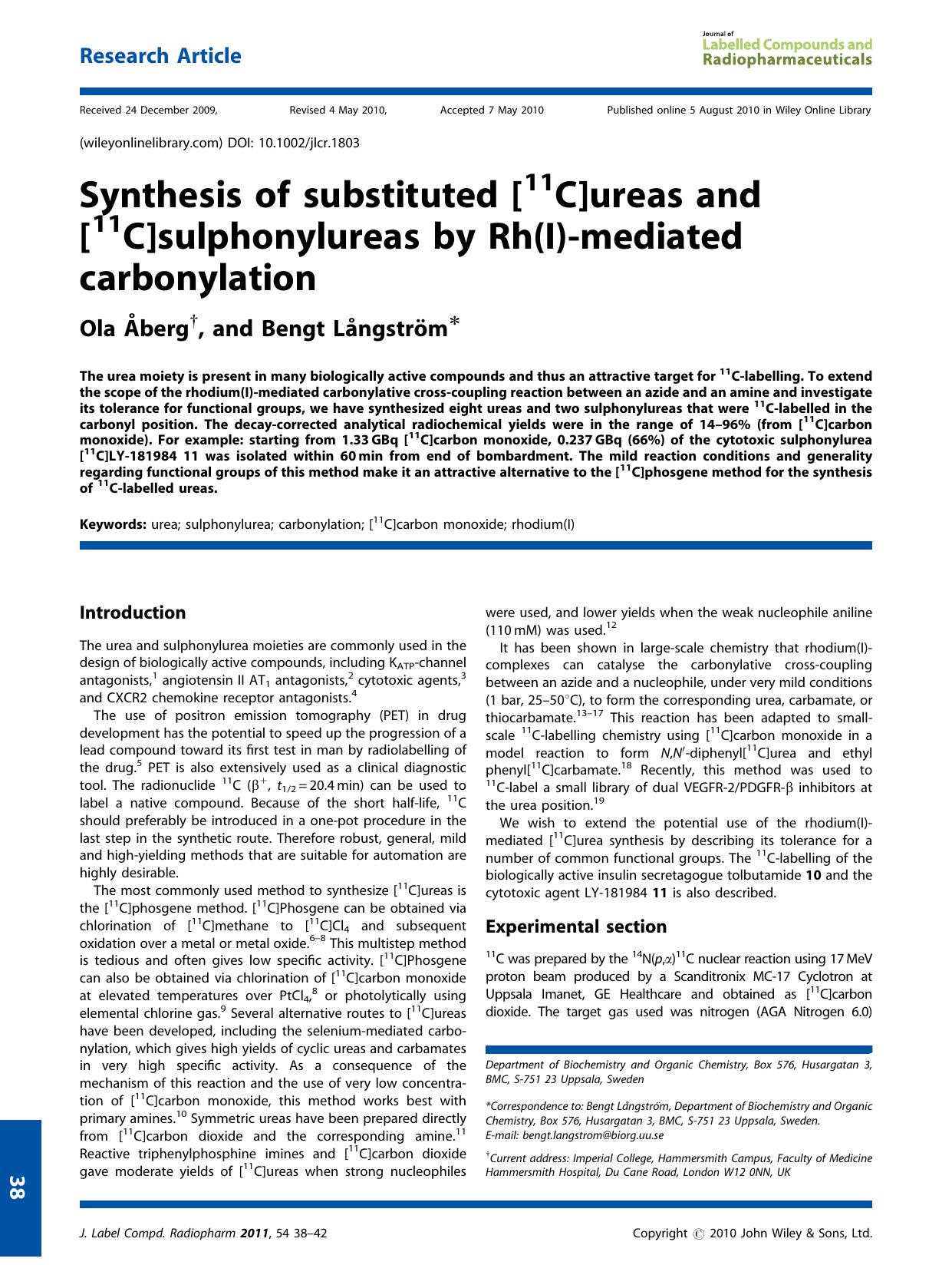 Synthesis of substituted [11C]ureas and [11C]sulphonylureas by Rh(I)mediated carbonylation by Unknown