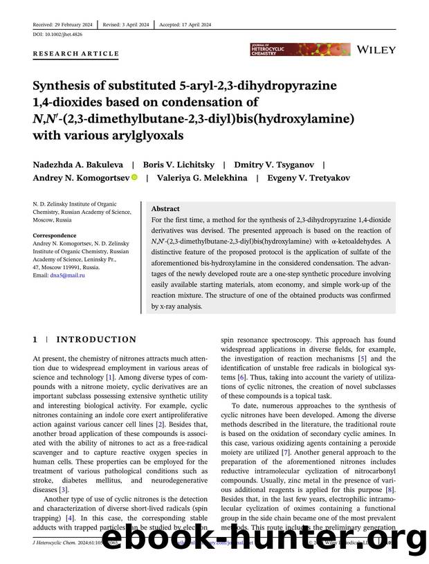 Synthesis of substituted 5âarylâ2,3âdihydropyrazine 1,4âdioxides based on condensation of N,Nâ²â (2,3âdimethylbutaneâ2,3âdiyl)bis(hydroxylamine) with various arylglyoxals by Unknown