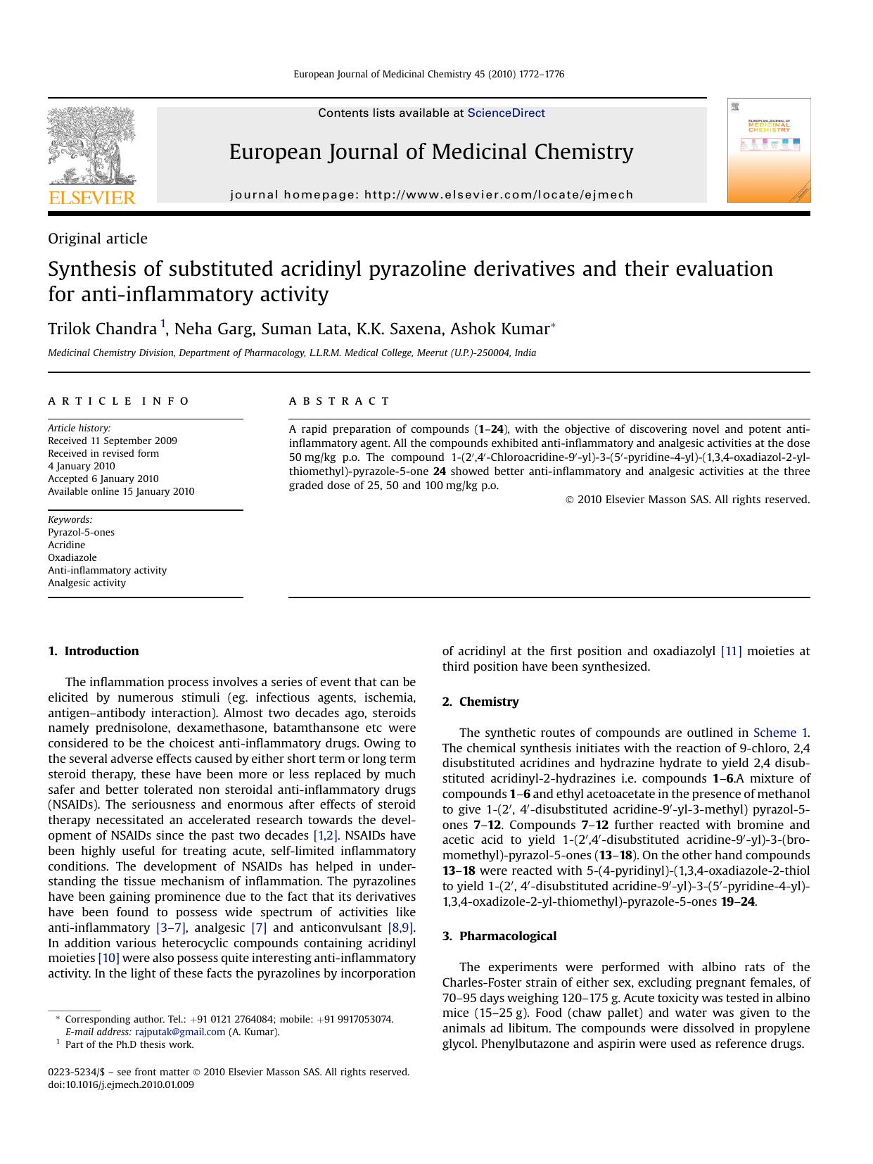 Synthesis of substituted acridinyl pyrazoline derivatives and their evaluation for anti-inflammatory activity by Trilok Chandra; Neha Garg; Suman Lata; K.K. Saxena; Ashok Kumar