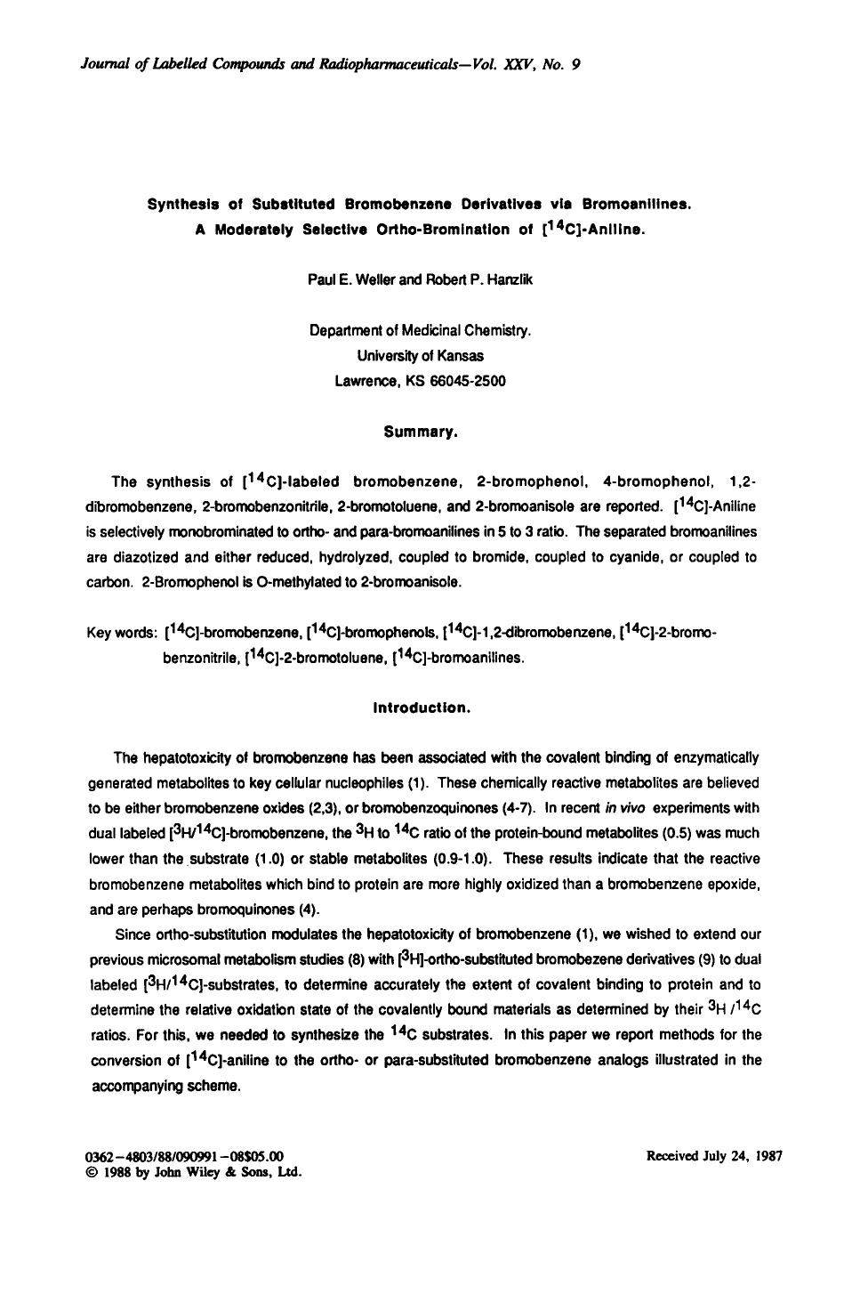 Synthesis of substituted bromobenzene derivatives via bromoanilines. A moderately selective ortho-bromination of [14c]-aniline by Unknown