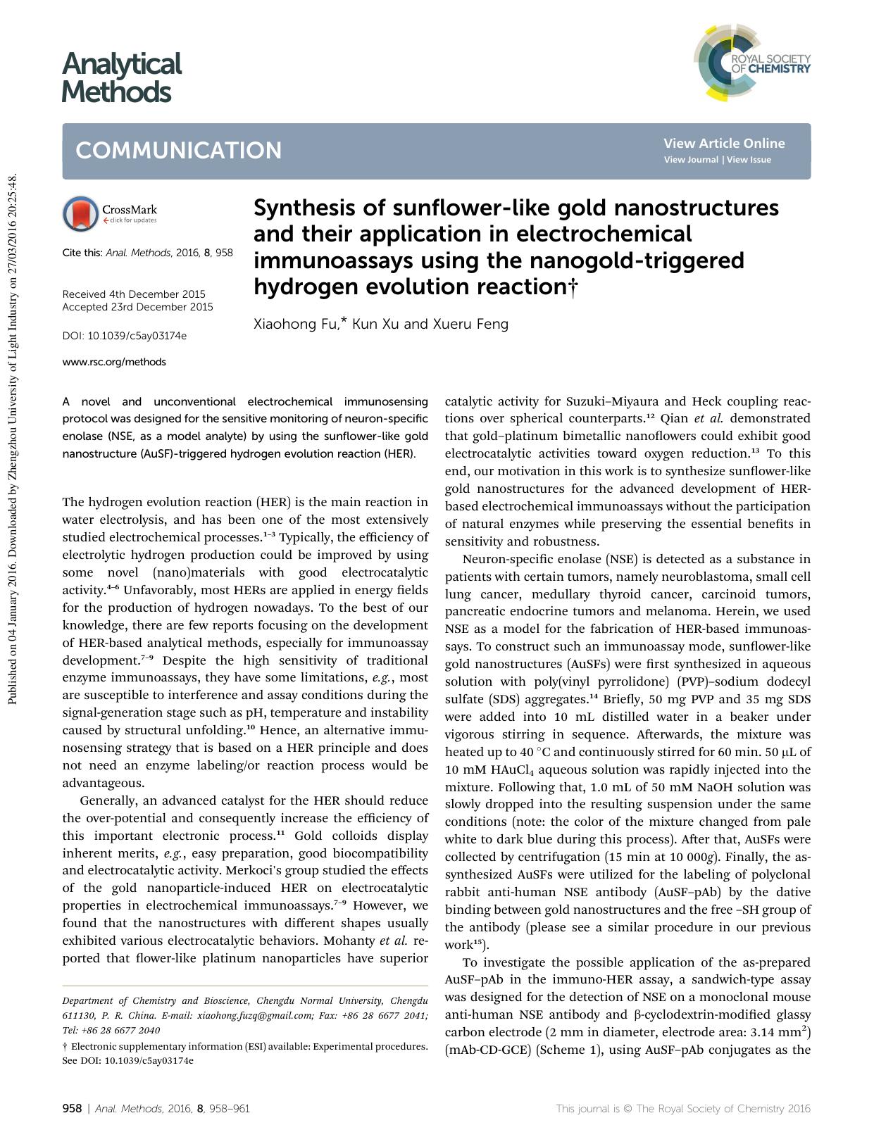 Synthesis of sunflower-like gold nanostructures and their application in electrochemical immunoassays using the nanogold-triggered hydrogen evolution reaction by Xiaohong Fu & Kun Xu & Xueru Feng