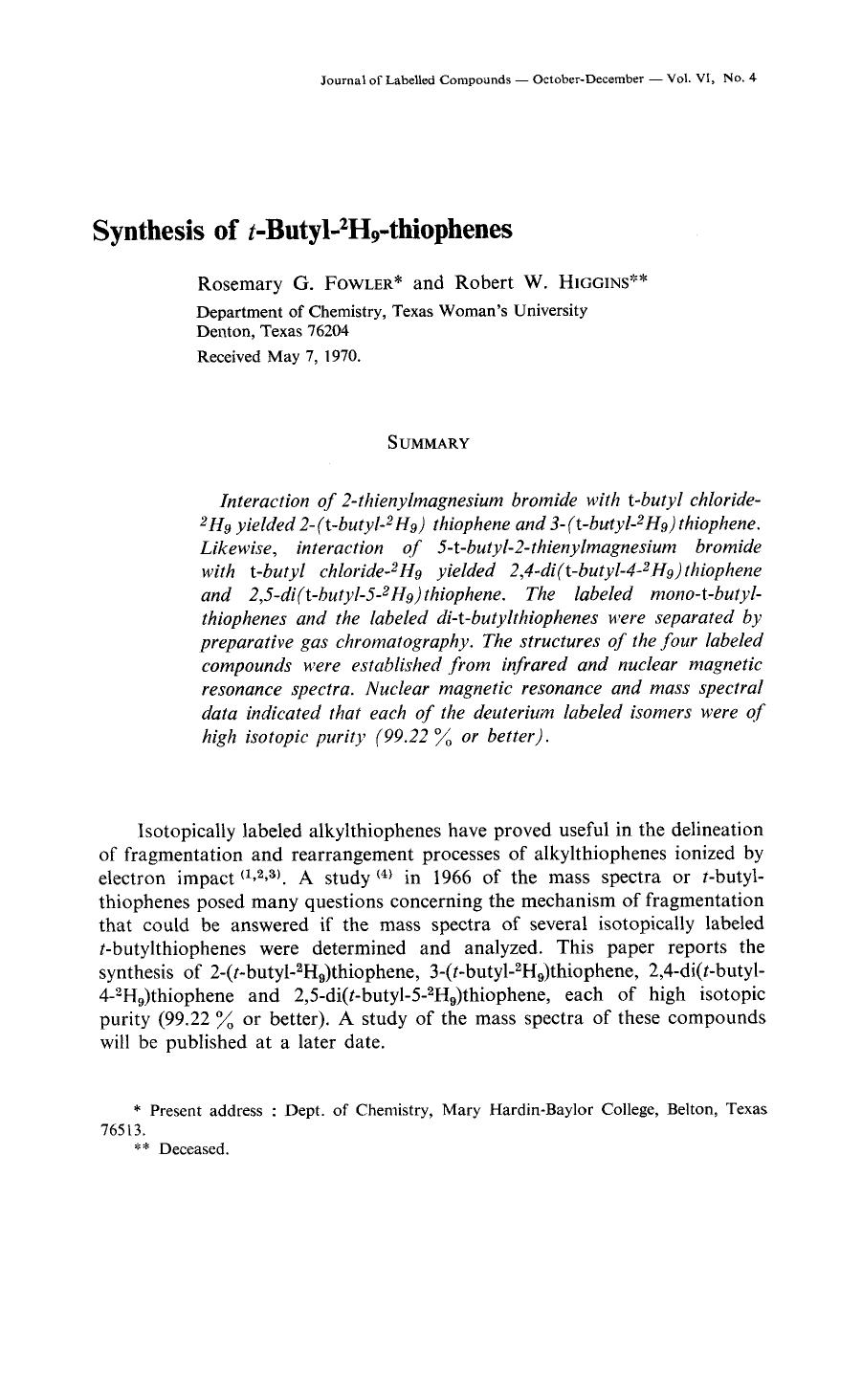 Synthesis of t-butyl-2H9-thiophenes by Unknown