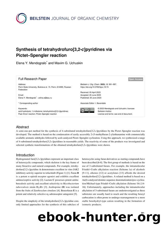 Synthesis of tetrahydrofuro[3,2-c]pyridines via PictetâSpengler reaction by Elena Y. Mendogralo Maxim G. Uchuskin