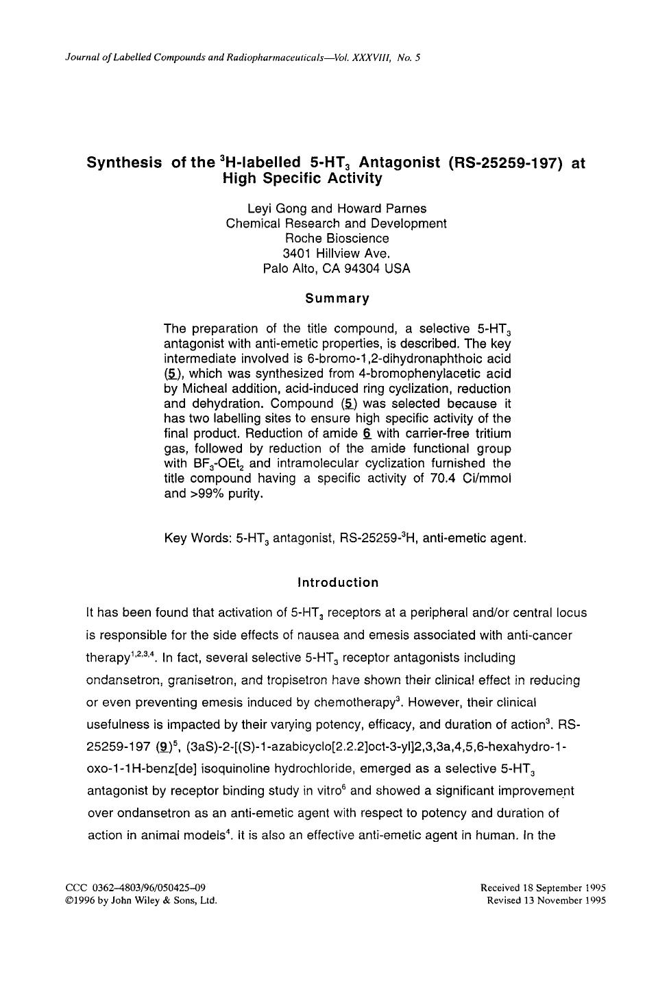 Synthesis of the 3H-labelled 5-HT3 antagonist (RS-25259-197) at high specific activity by Unknown
