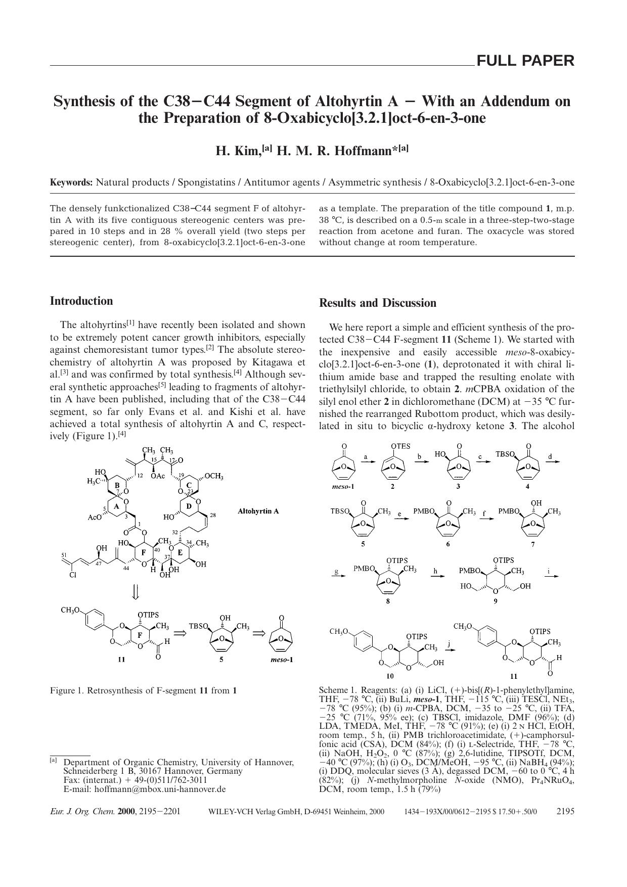 Synthesis of the C38-C44 Segment of Altohyrtin A - With an Addendum on the Preparation of 8-Oxabicyclo[3.2.1]oct-6-en-3-one by Unknown