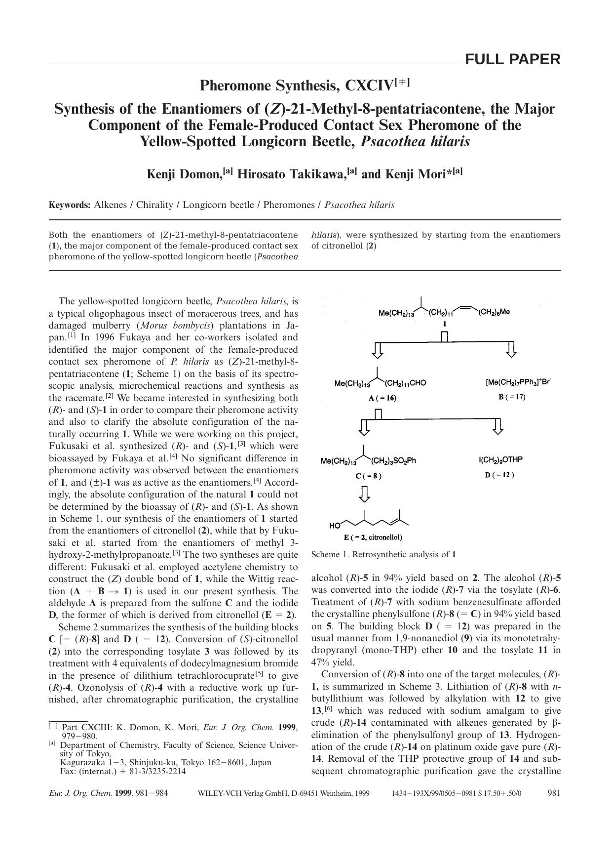 Synthesis of the Enantiomers of (Z)-21-Methyl-8-pentatriacontene, the Major Component of the Female-Produced Contact Sex Pheromone of the Yellow-Spotted Longicorn Beetle, Psacothea hilaris by Unknown