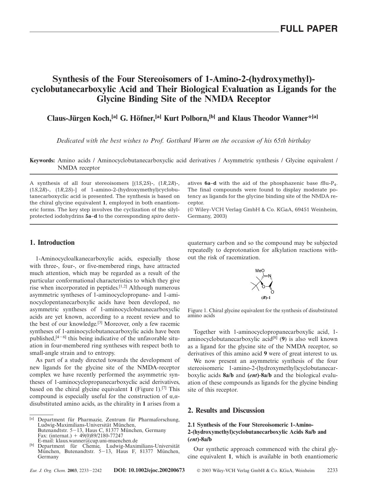 Synthesis of the Four Stereoisomers of 1-Amino-2-(hydroxymethyl)cyclobutanecarboxylic Acid and Their Biological Evaluation as Ligands for the Glycine Binding Site of the NMDA Receptor by Unknown