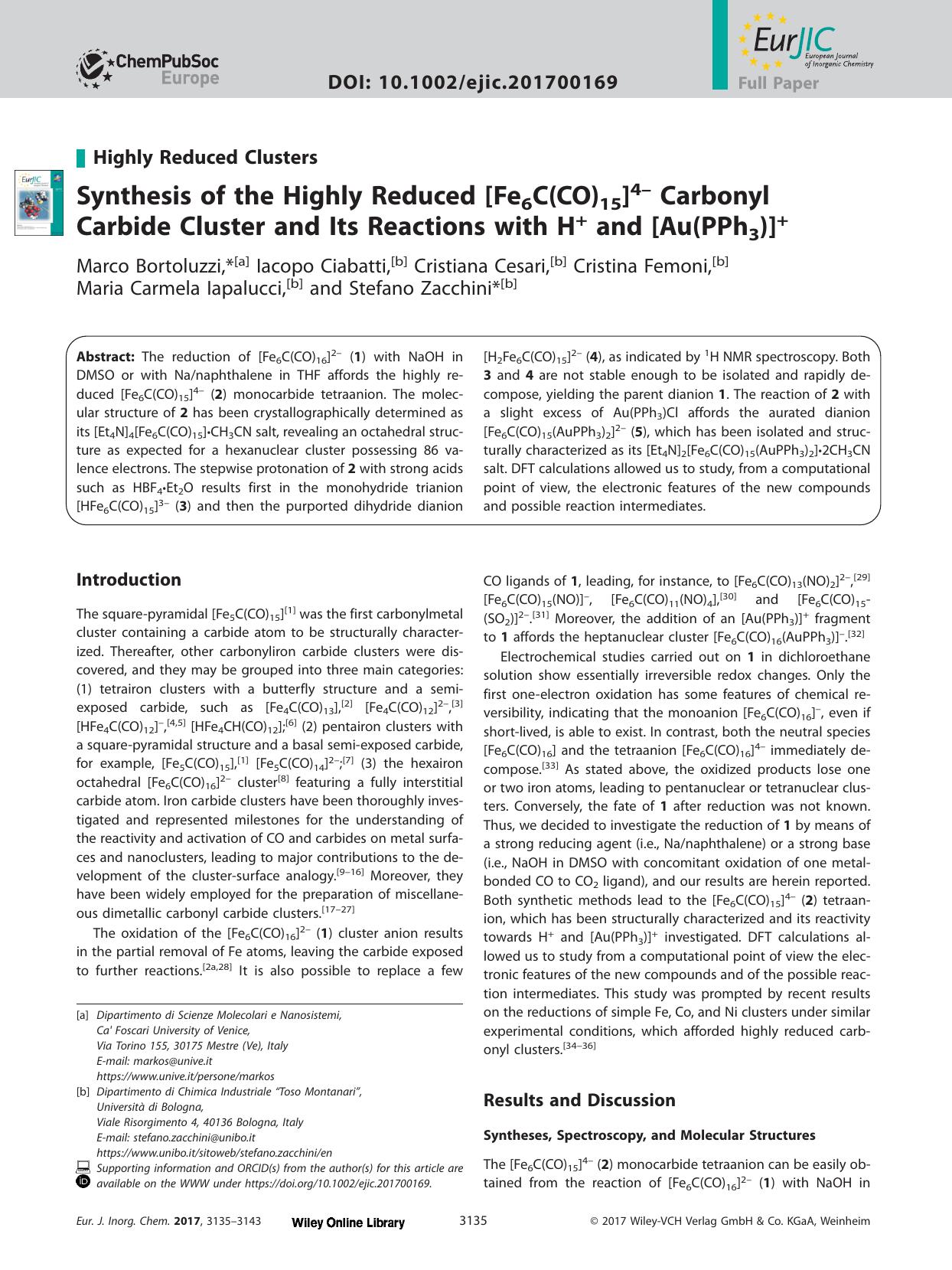 Synthesis of the Highly Reduced [Fe6C(CO)15]4â Carbonyl Carbide Cluster and Its Reactions with H+ and [Au(PPh3)]+ by Unknown
