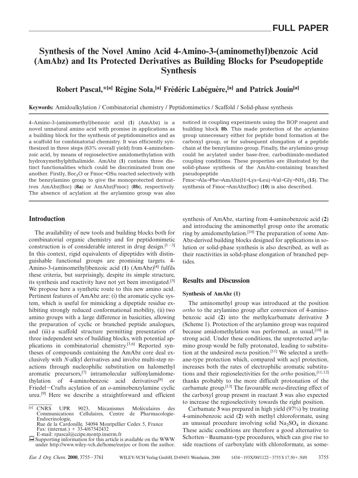 Synthesis of the Novel Amino Acid 4-Amino-3-(aminomethyl)benzoic Acid (AmAbz) and Its Protected Derivatives as Building Blocks for Pseudopeptide Synthesis by Unknown