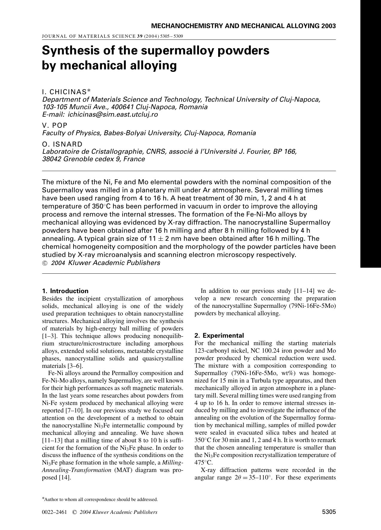 Synthesis of the Supermalloy Powders by Mechanical Alloying by Unknown