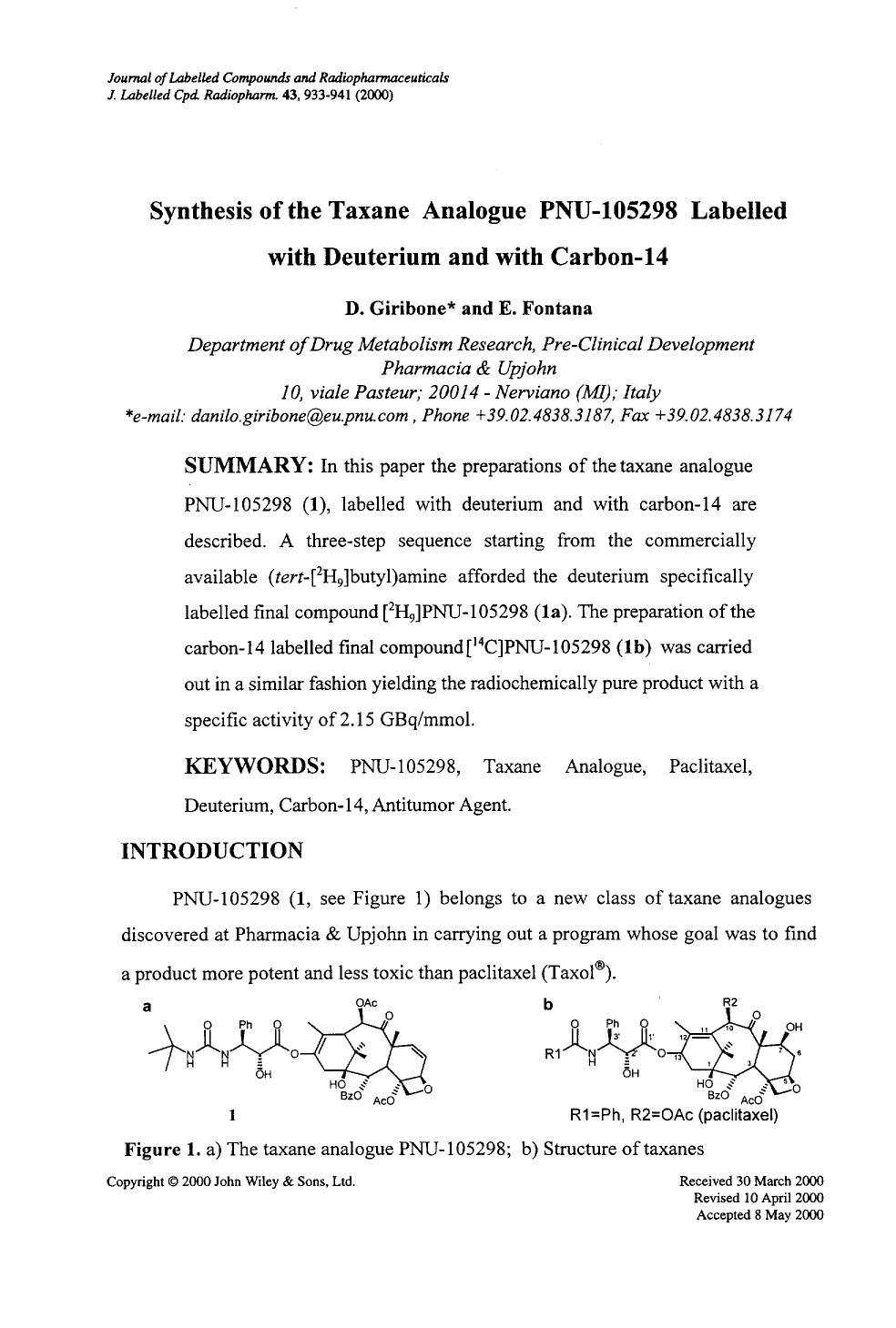 Synthesis of the taxane analogue PNU-105298 labelled with deuterium and with carbon-14 by Unknown