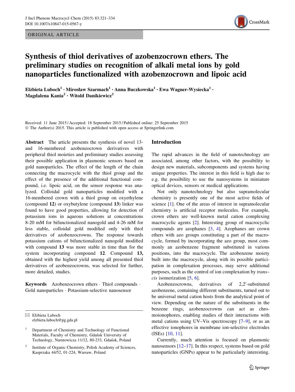 Synthesis of thiol derivatives of azobenzocrown ethers. The preliminary studies on recognition of alkali metal ions by gold nanoparticles functionalized with azobenzocrown and lipoic acid by unknow