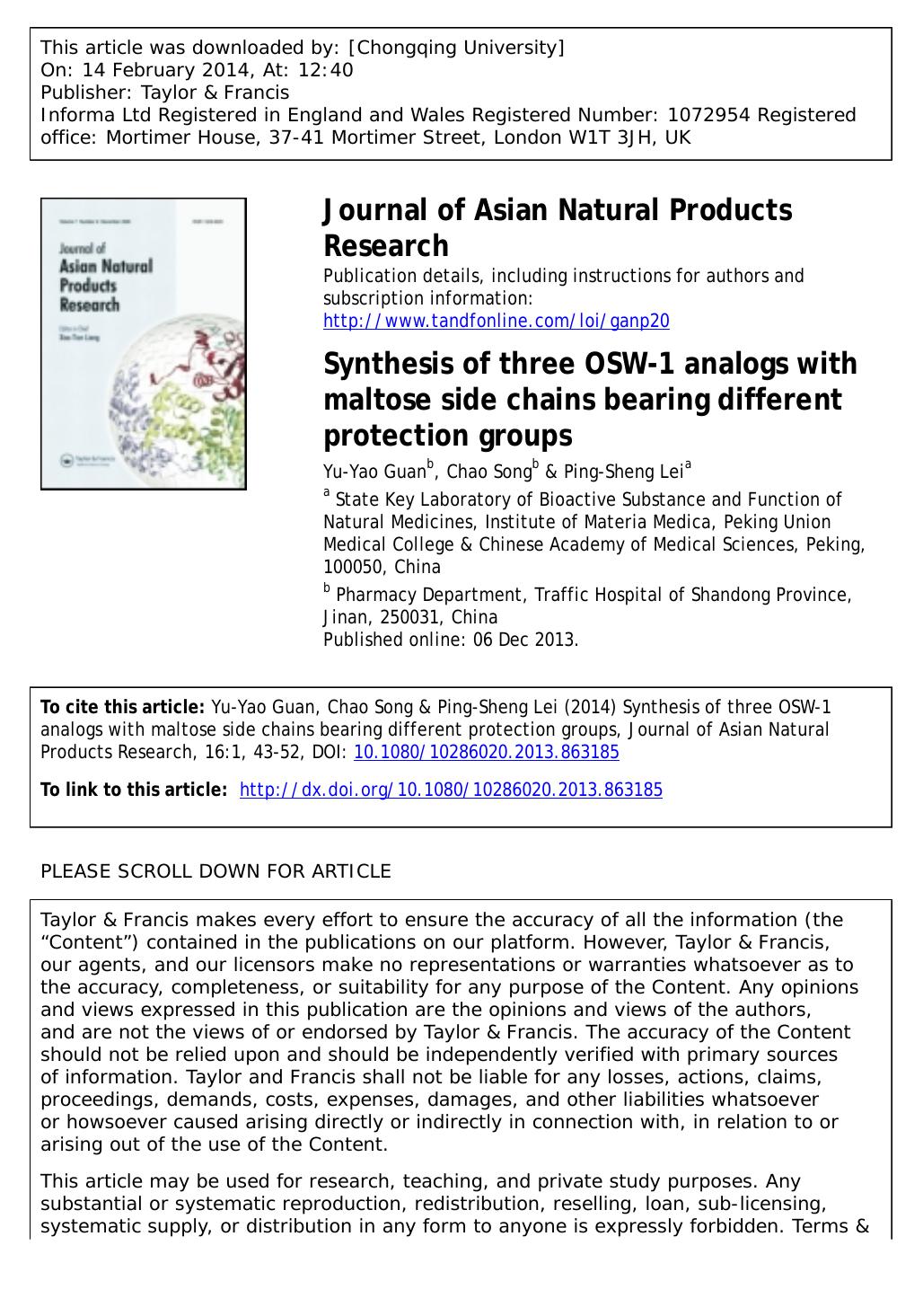 Synthesis of three OSW-1 analogs with maltose side chains bearing different protection groups by Yu-Yao Guan & Chao Song & Ping-Sheng Lei