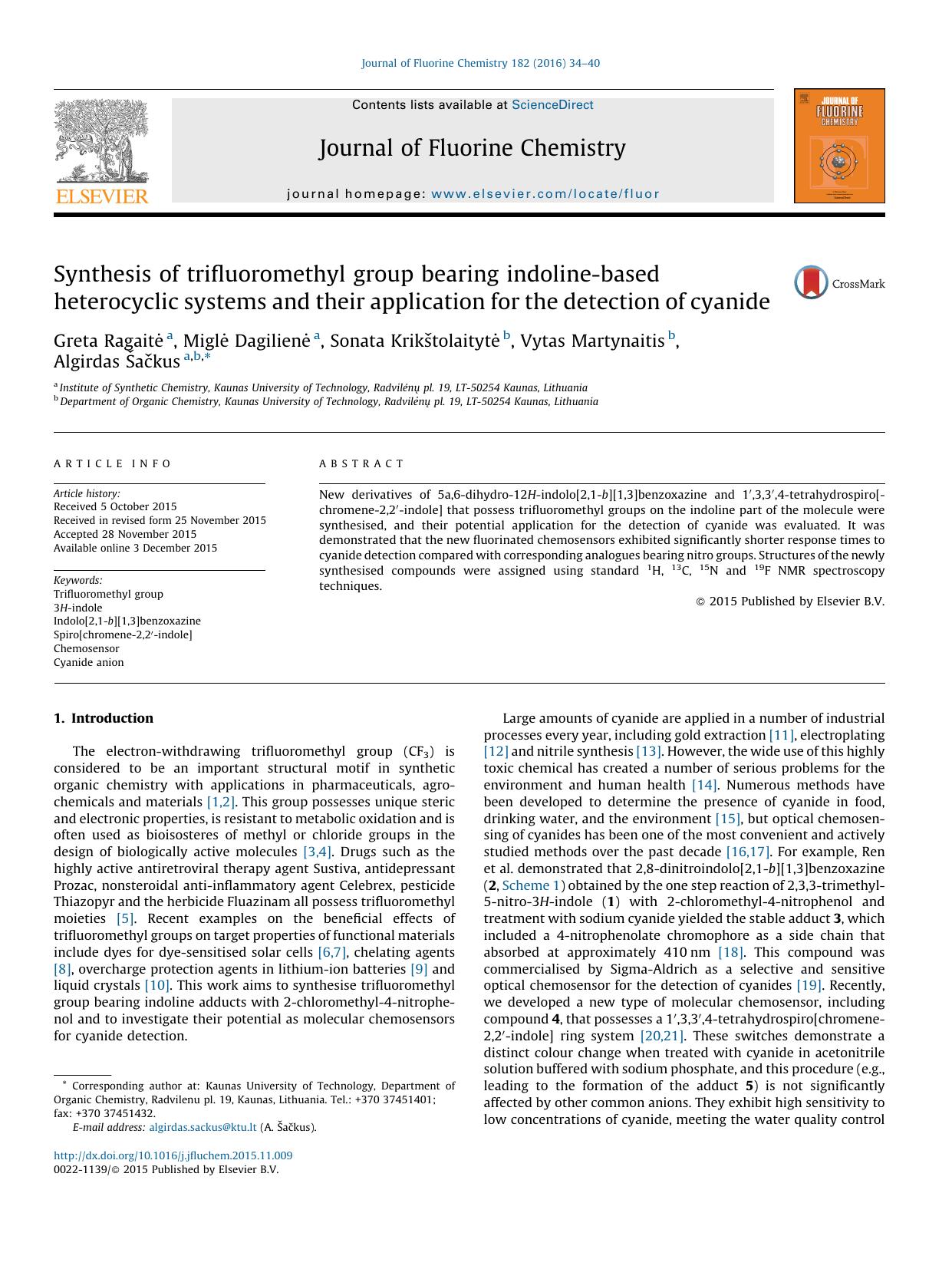 Synthesis of trifluoromethyl group bearing indoline-based heterocyclic systems and their application for the detection of cyanide by Greta Ragaite