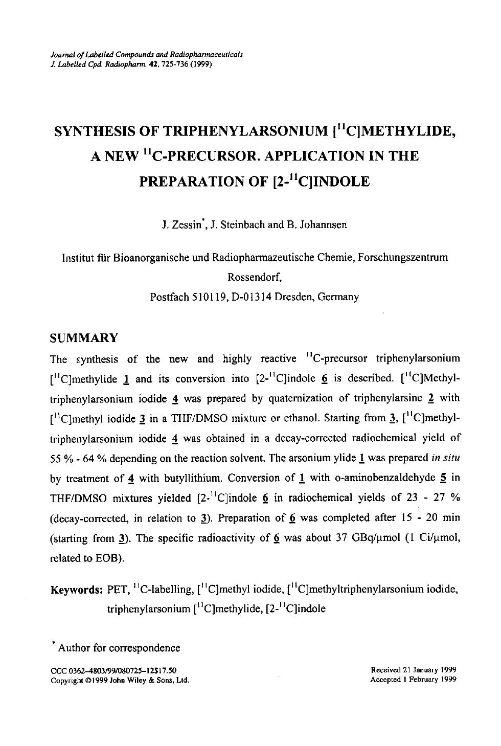 Synthesis of triphenylarsonium [11C]methylide, a new 11C-precursor. Application in the preparation of [2-11C]indole by Unknown