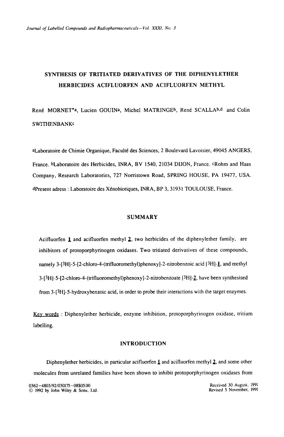 Synthesis of tritiated derivatives of the diphenylether herbicides acifluorfen and acifluorfen methyl by Unknown