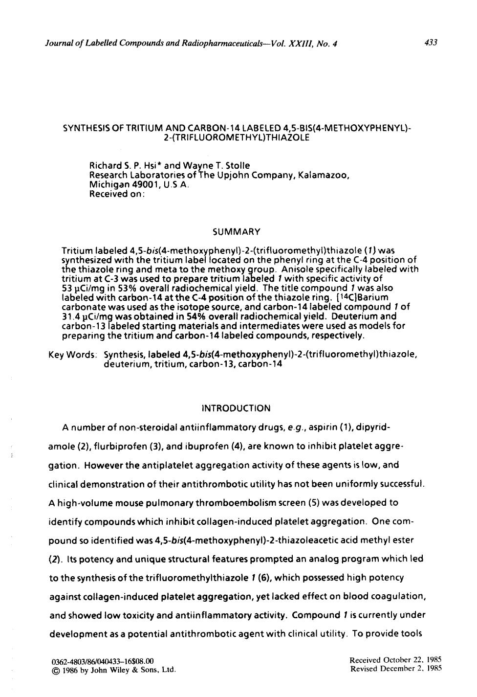 Synthesis of tritium and carbon-14 labeled 4,5-bis(4-methoxyphenyl)- 2 -(trifluoromethyl)thiazole by Unknown