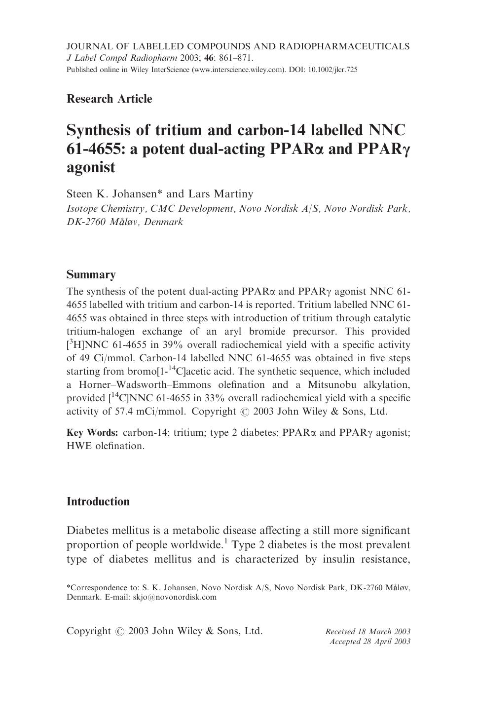 Synthesis of tritium and carbon-14 labelled NNC 61-4655: a potent dual-acting PPAR[alpha] and PPAR[gamma] agonist by Unknown