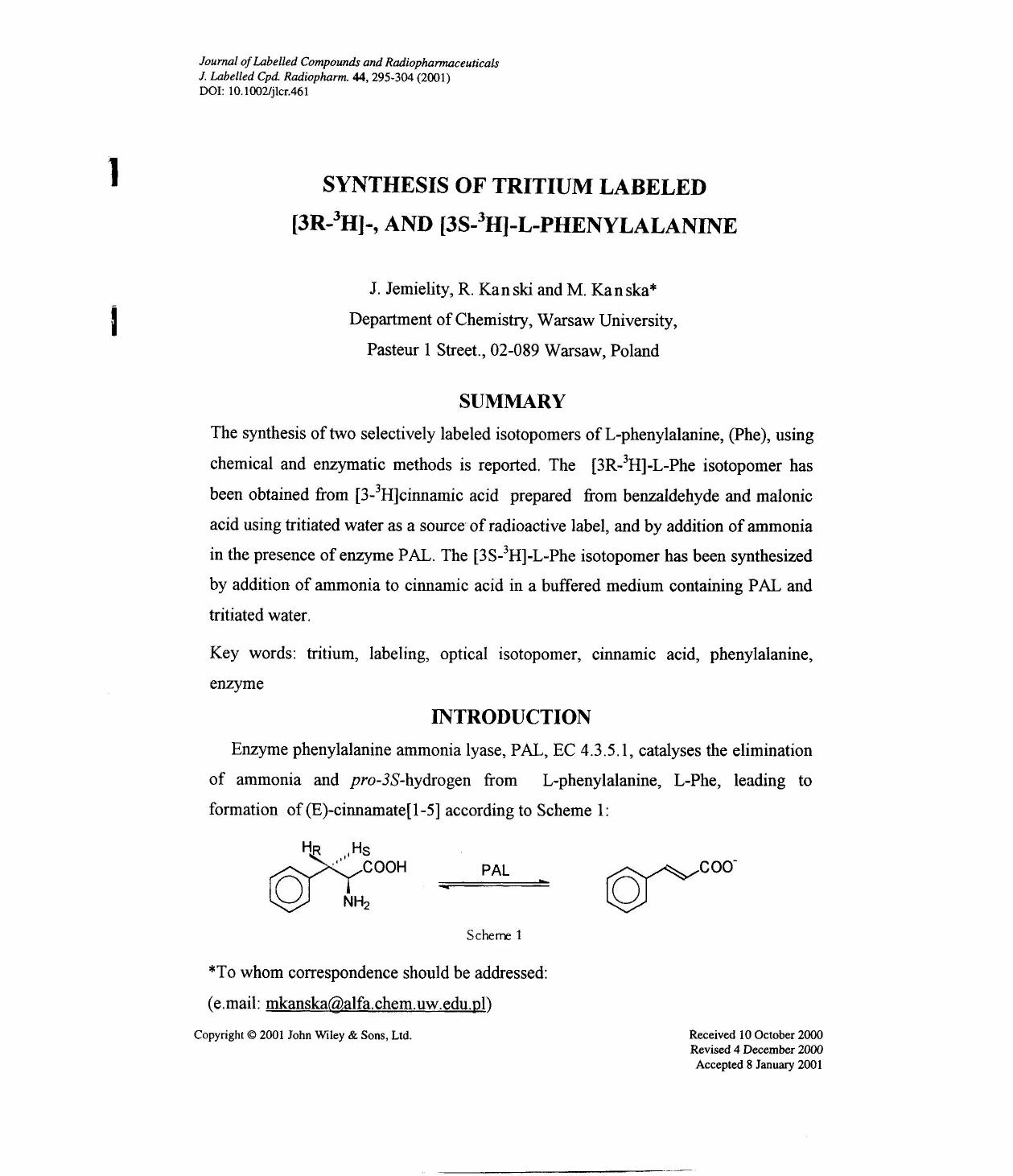 Synthesis of tritium labeled [3R-3H]-, and [3S-3H]-L-phenylalanine by Unknown