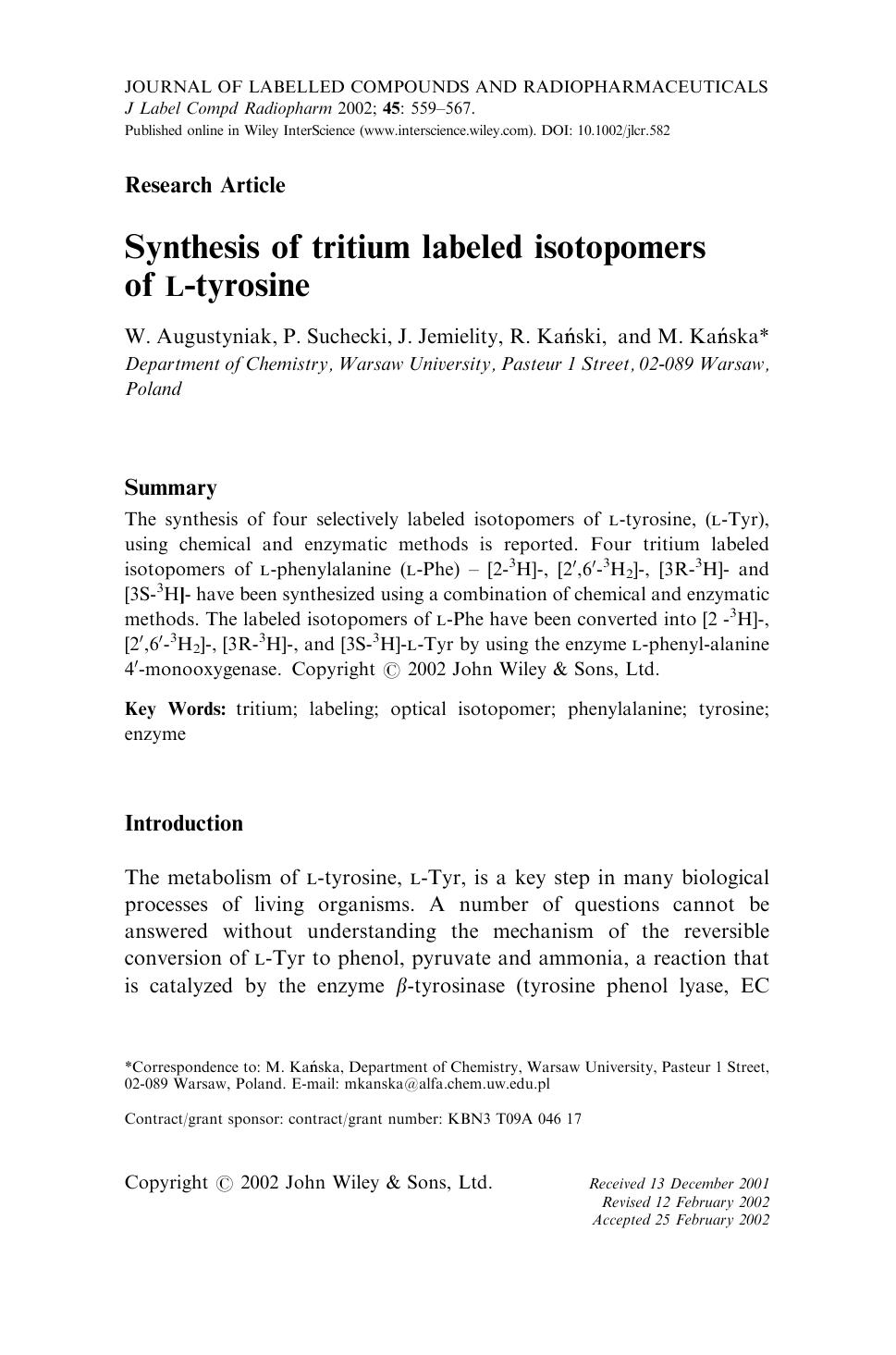 Synthesis of tritium labeled isotopomers of L-tyrosine by Unknown