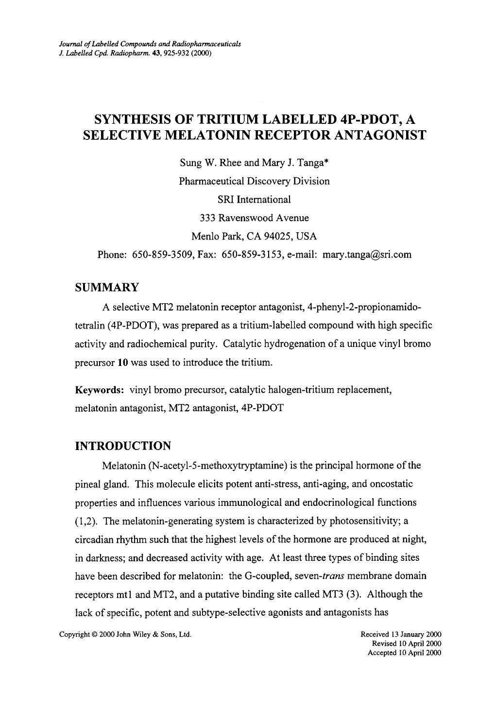 Synthesis of tritium labelled 4P-PDOT, a selective melatonin receptor antagonist by Unknown