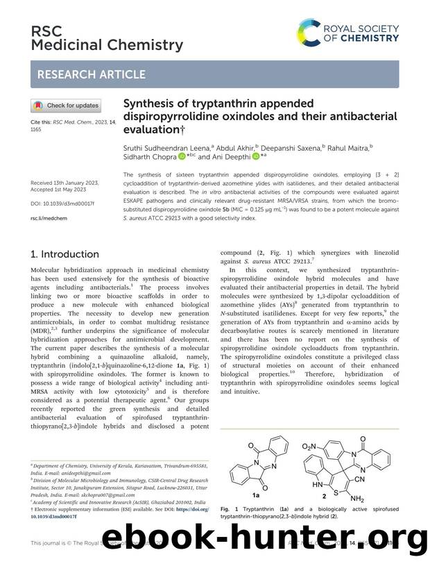 Synthesis of tryptanthrin appended dispiropyrrolidine oxindoles and their antibacterial evaluation by unknow