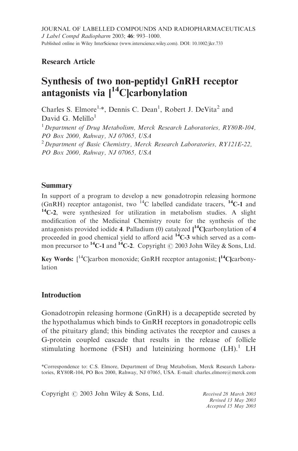 Synthesis of two non-peptidyl GnRH receptor antagonists via [14C]carbonylation by Unknown
