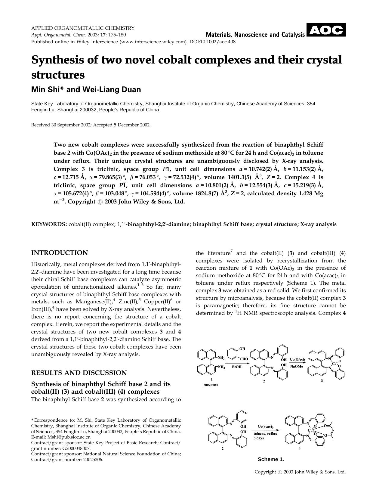 Synthesis of two novel cobalt complexes and their crystal structures by Unknown