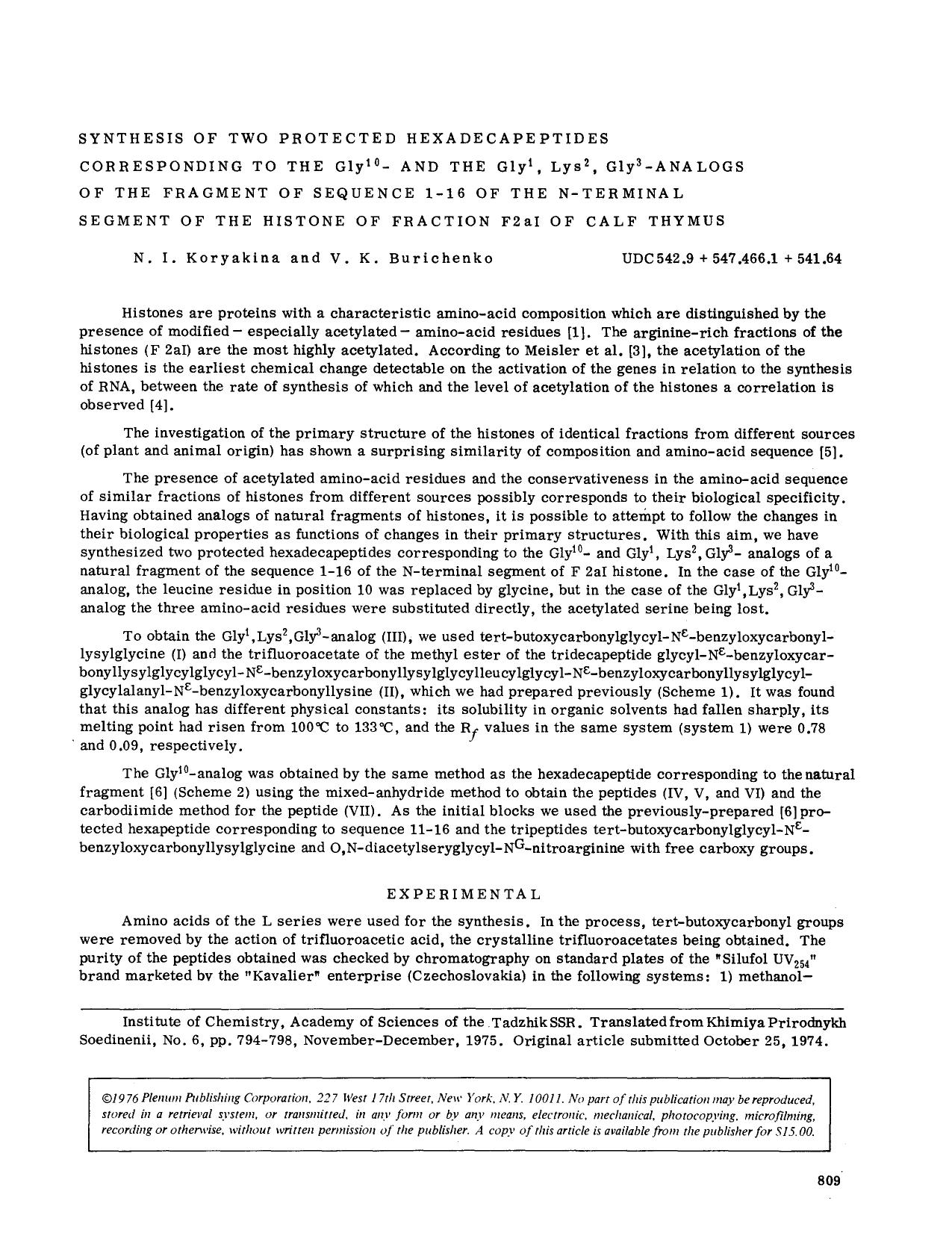 Synthesis of two protected hexadecapeptides corresponding to the Gly <Superscript>10 <Superscript>- and the Gly <Superscript>1 <Superscript>, Lys <Superscript>2 <Superscript>, Gly by Unknown