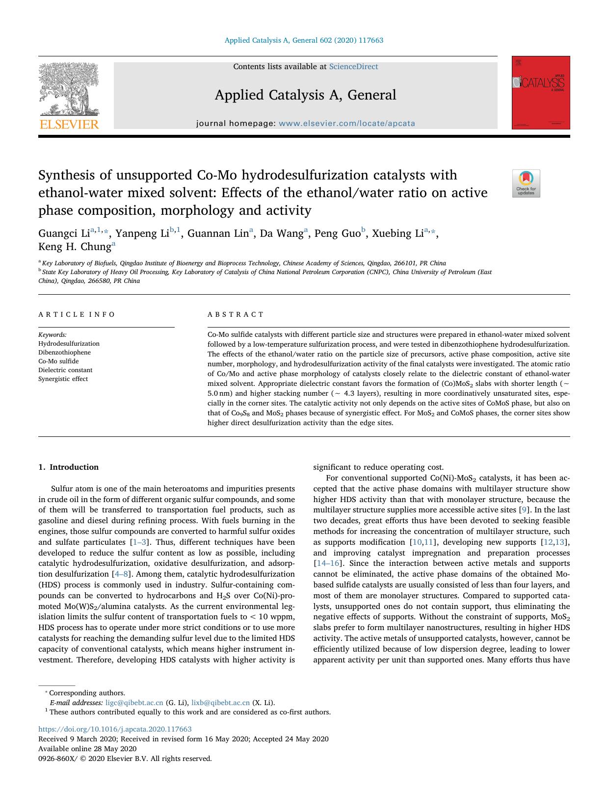 Synthesis of unsupported Co-Mo hydrodesulfurization catalysts with ethanol-water mixed solvent_ Effects of the ethanolwater ratio on active phase composition, morphology and activity by Guangci Li & Yanpeng Li & Guannan Lin & Da Wang & Peng Guo & Xuebing Li & Keng H. Chung
