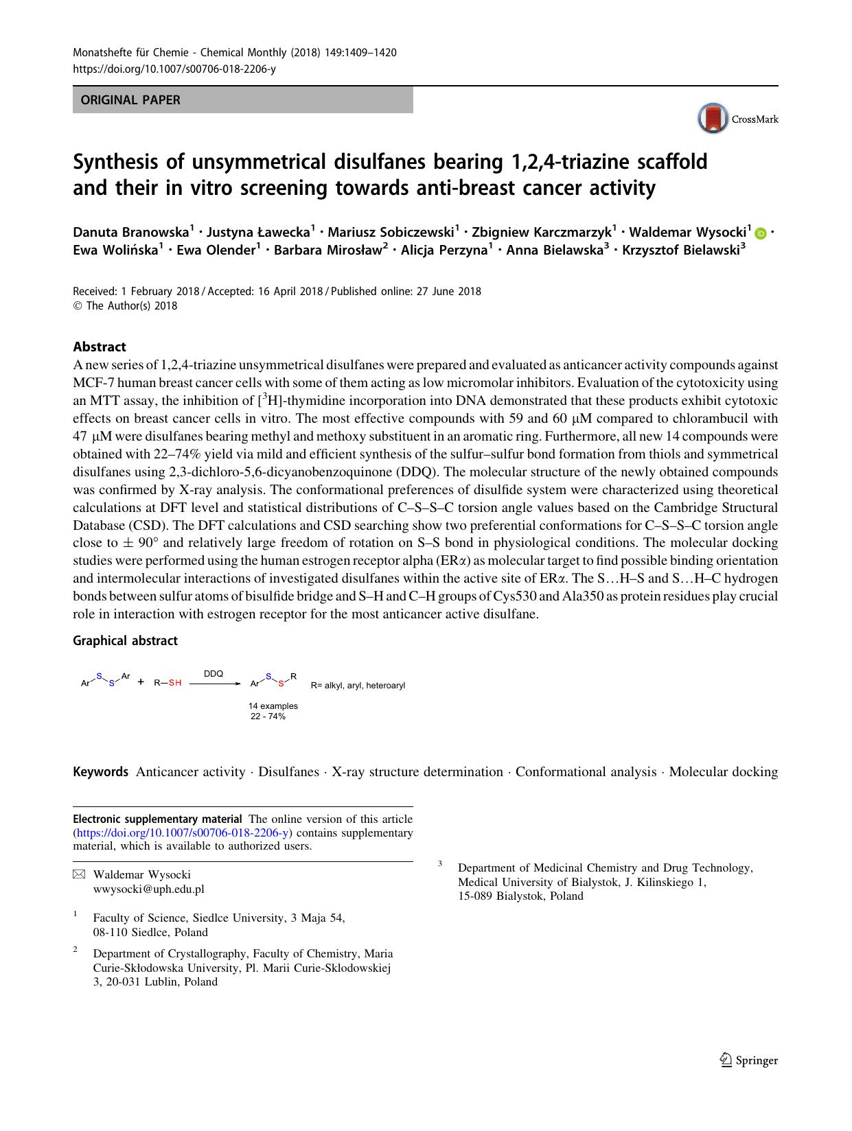 Synthesis of unsymmetrical disulfanes bearing 1,2,4-triazine scaffold and their in vitro screening towards anti-breast cancer activity by unknow