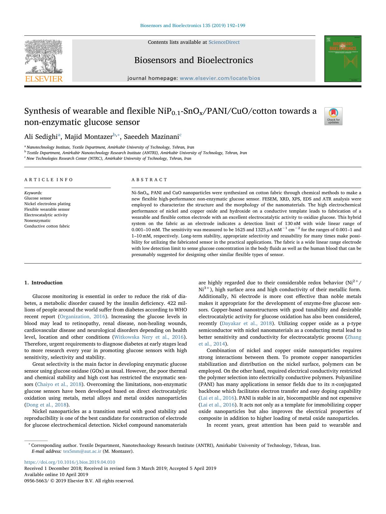 Synthesis of wearable and flexible NiP0.1-SnOxPANICuOcotton towards a non-enzymatic glucose sensor by Ali Sedighi & Majid Montazer & Saeedeh Mazinani