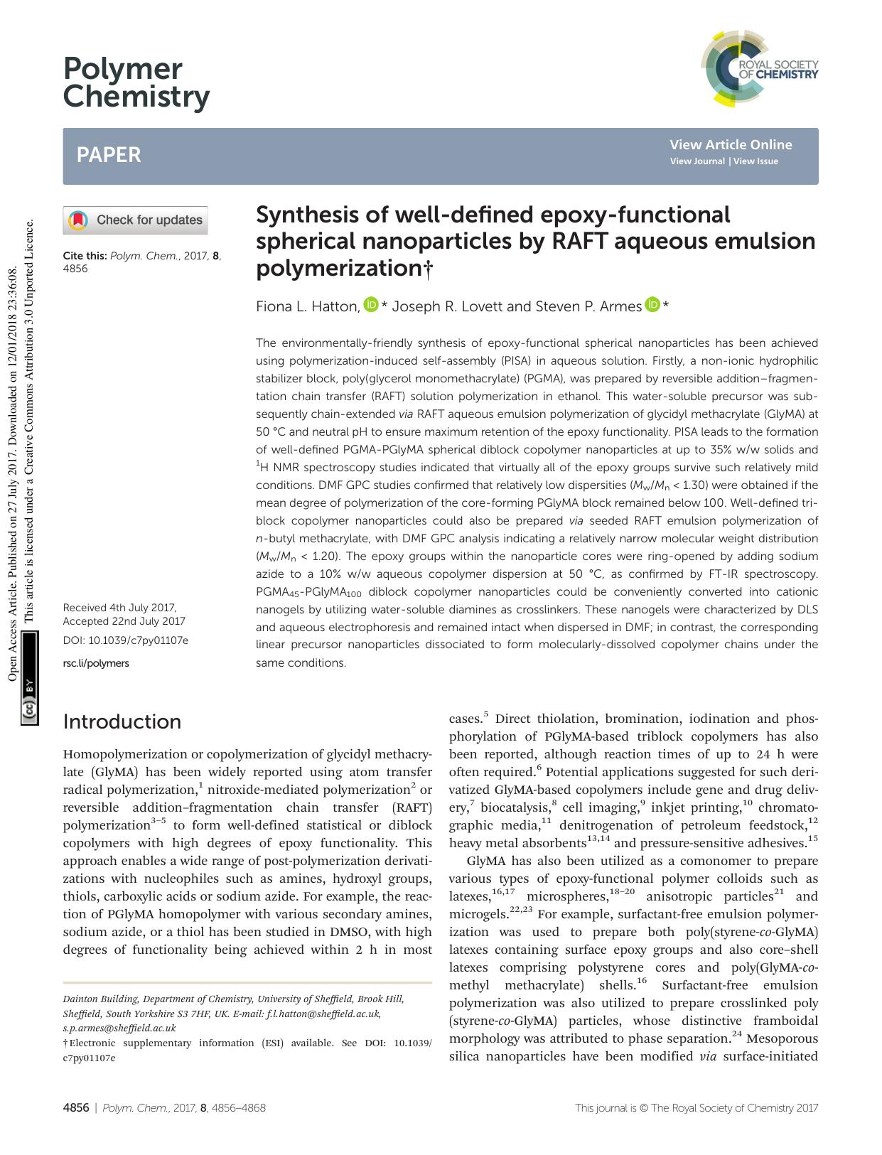 Synthesis of well-defined epoxy-functional spherical nanoparticles by RAFT aqueous emulsion polymerization by Fiona L. Hatton Joseph R. Lovett Steven P. Armes