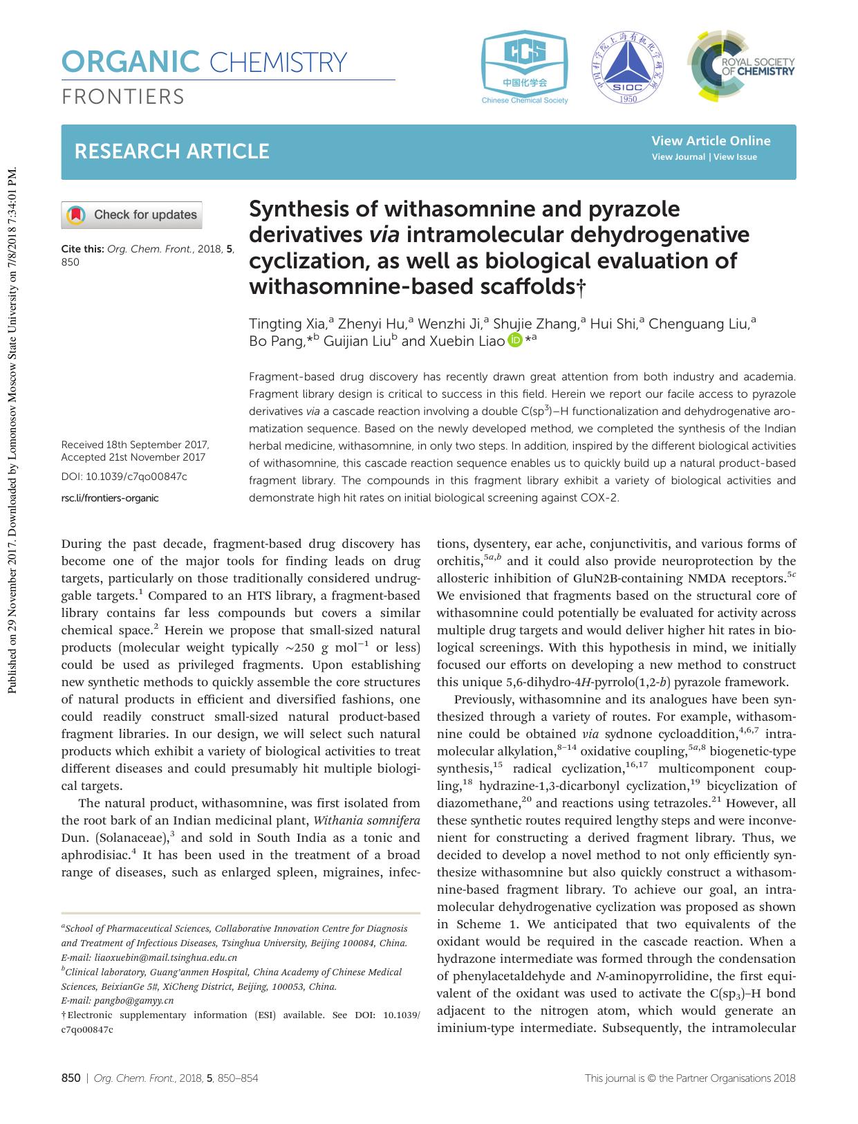 Synthesis of withasomnine and pyrazole derivatives via intramolecular dehydrogenative cyclization, as well as biological evaluation of withasomnine-based scaffolds by unknow