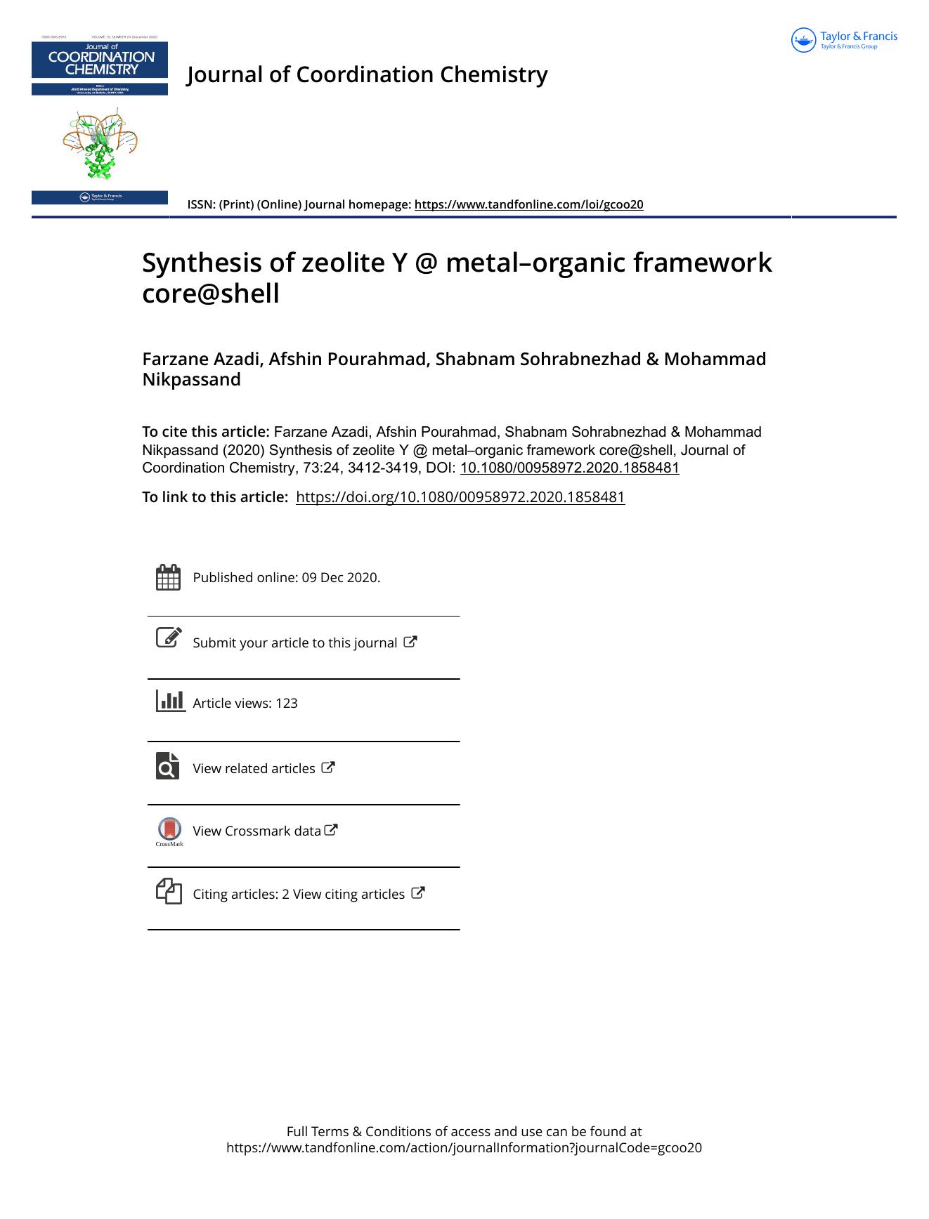 Synthesis of zeolite Y @ metalâorganic framework core@shell by Azadi Farzane & Pourahmad Afshin & Sohrabnezhad Shabnam & Nikpassand Mohammad