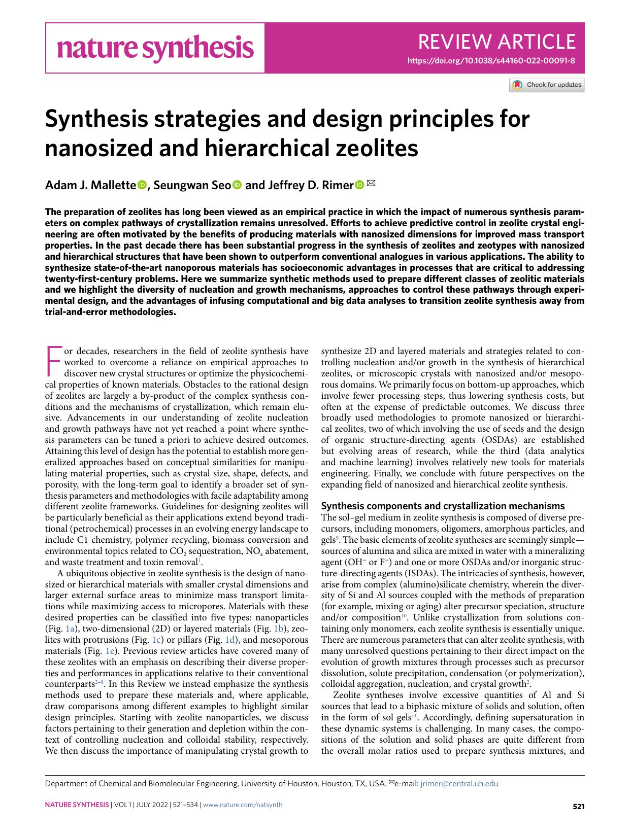 Synthesis strategies and design principles for nanosized and hierarchical zeolites by Adam J. Mallette & Seungwan Seo & Jeffrey D. Rimer