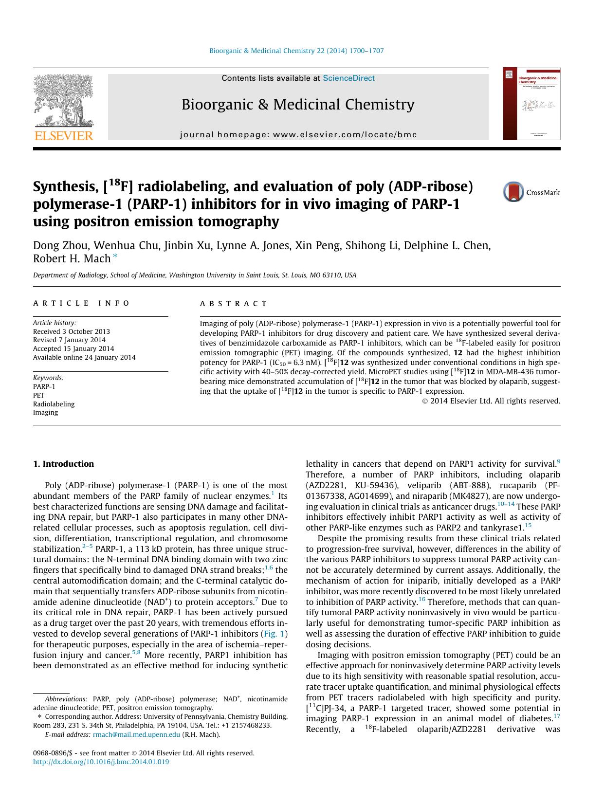 Synthesis, [18F] radiolabeling, and evaluation of poly (ADP-ribose) polymerase-1 (PARP-1) inhibitors for in vivo imaging of PARP-1 using positron emission tomography by unknow