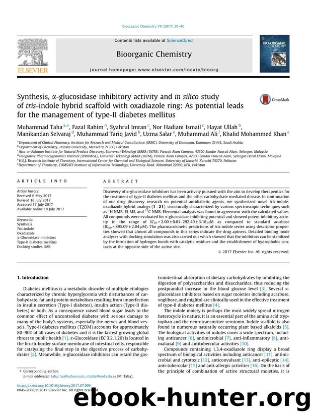 Synthesis, ÃÂ±-glucosidase inhibitory activity and in silico study of tris-indole hybrid scaffold with oxadiazole ring: As potential leads for the management of type-II diabetes mellitus by unknow