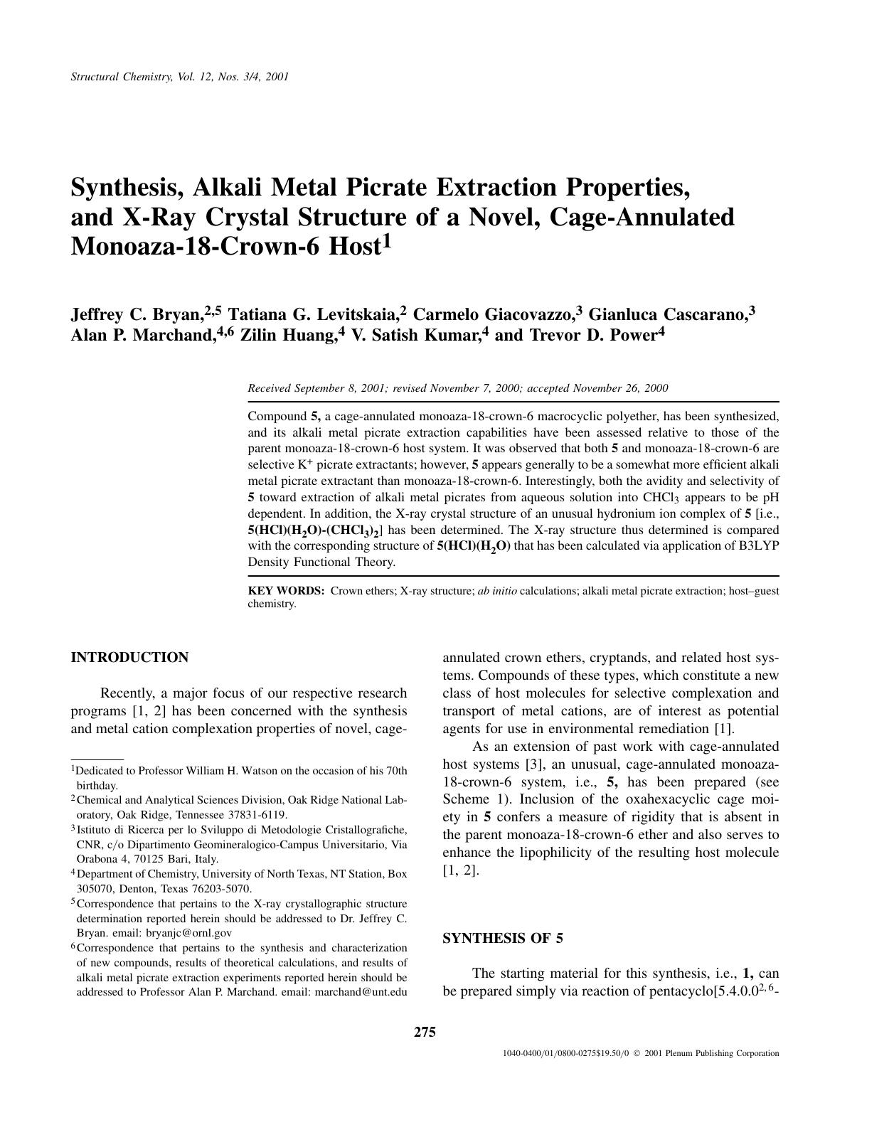 Synthesis, Alkali Metal Picrate Extraction Properties, and X-Ray Crystal Structure of a Novel, Cage-Annulated Monoaza-18-Crown-6 Host by Unknown