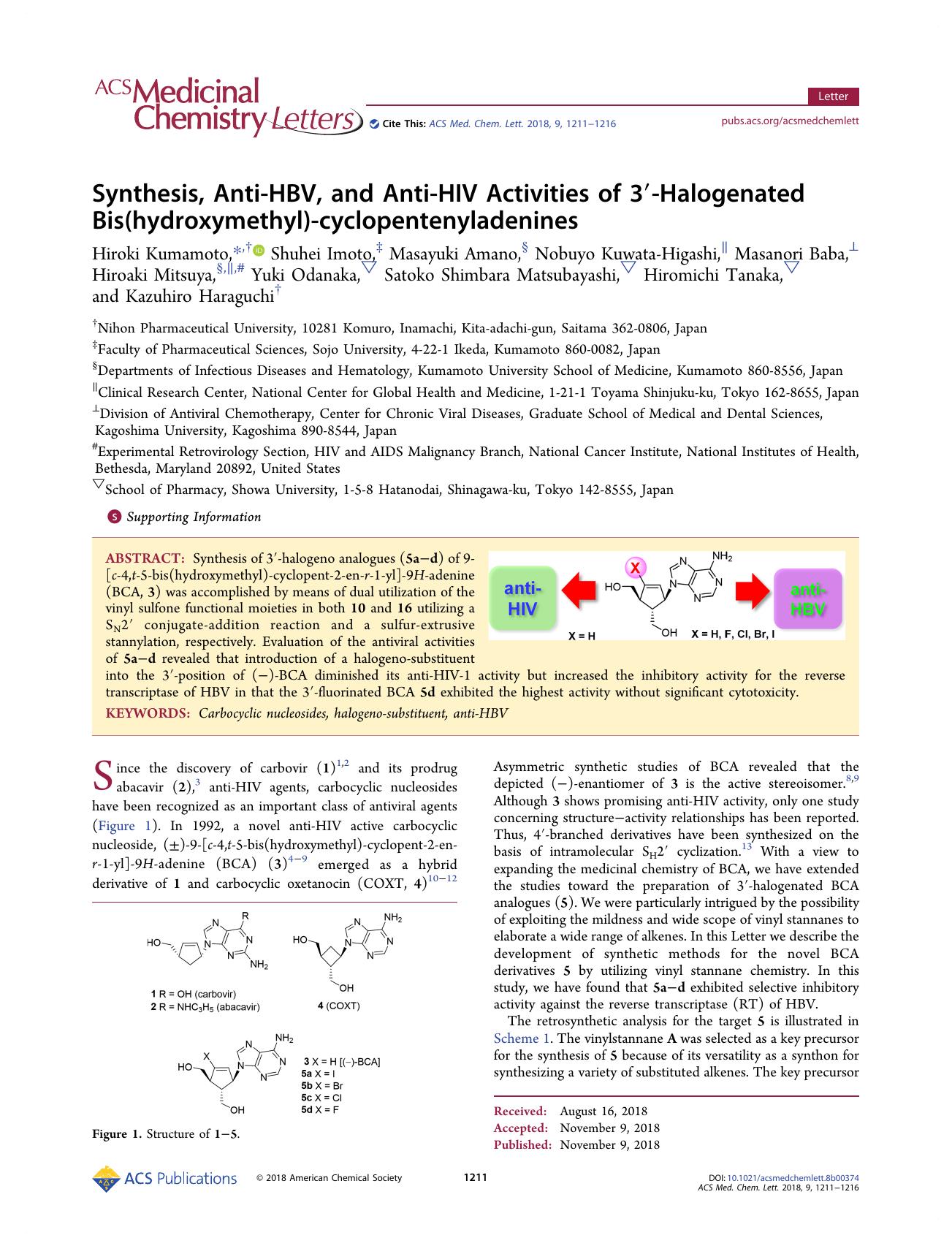 Synthesis, Anti-HBV, and Anti-HIV Activities of 3â²-Halogenated Bis(hydroxymethyl)-cyclopentenyladenines by unknow