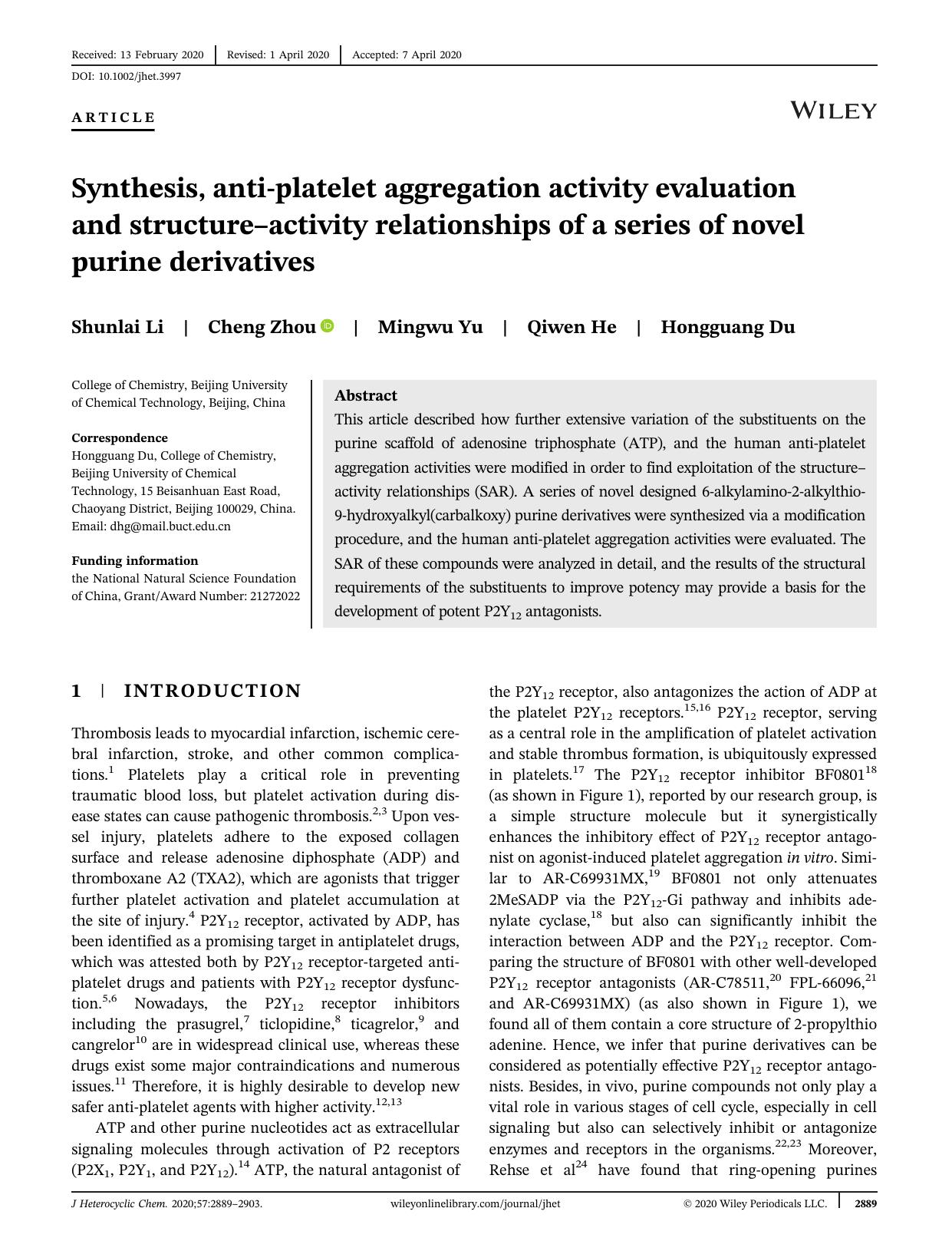 Synthesis, Anti-platelet Aggregation Activity Evaluation and Structure-activity Relationships of a Series of Novel Purine Derivatives by Unknown
