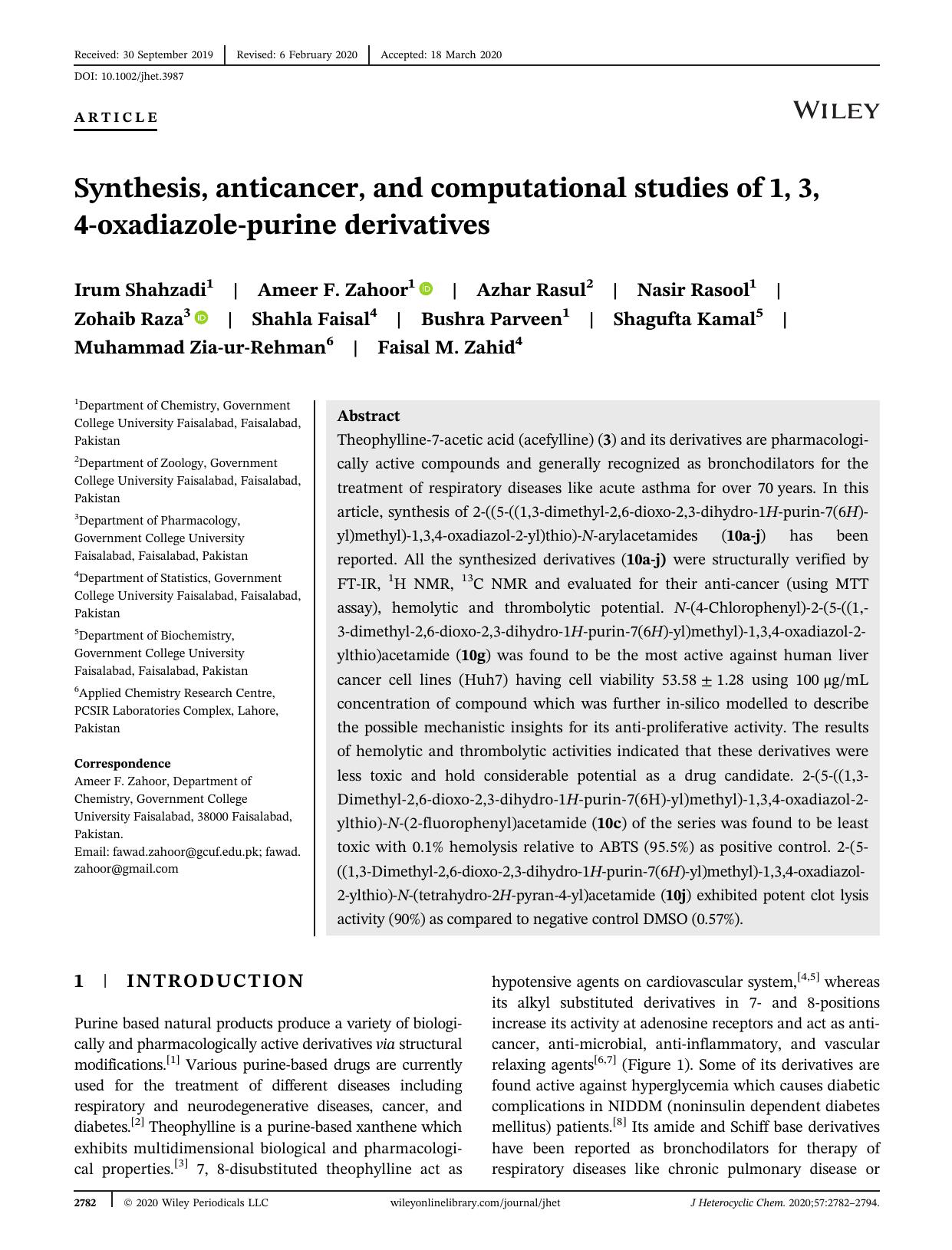 Synthesis, Anticancer and Computational Studies of 1, 3, 4-Oxadiazole-Purine Derivatives by Unknown